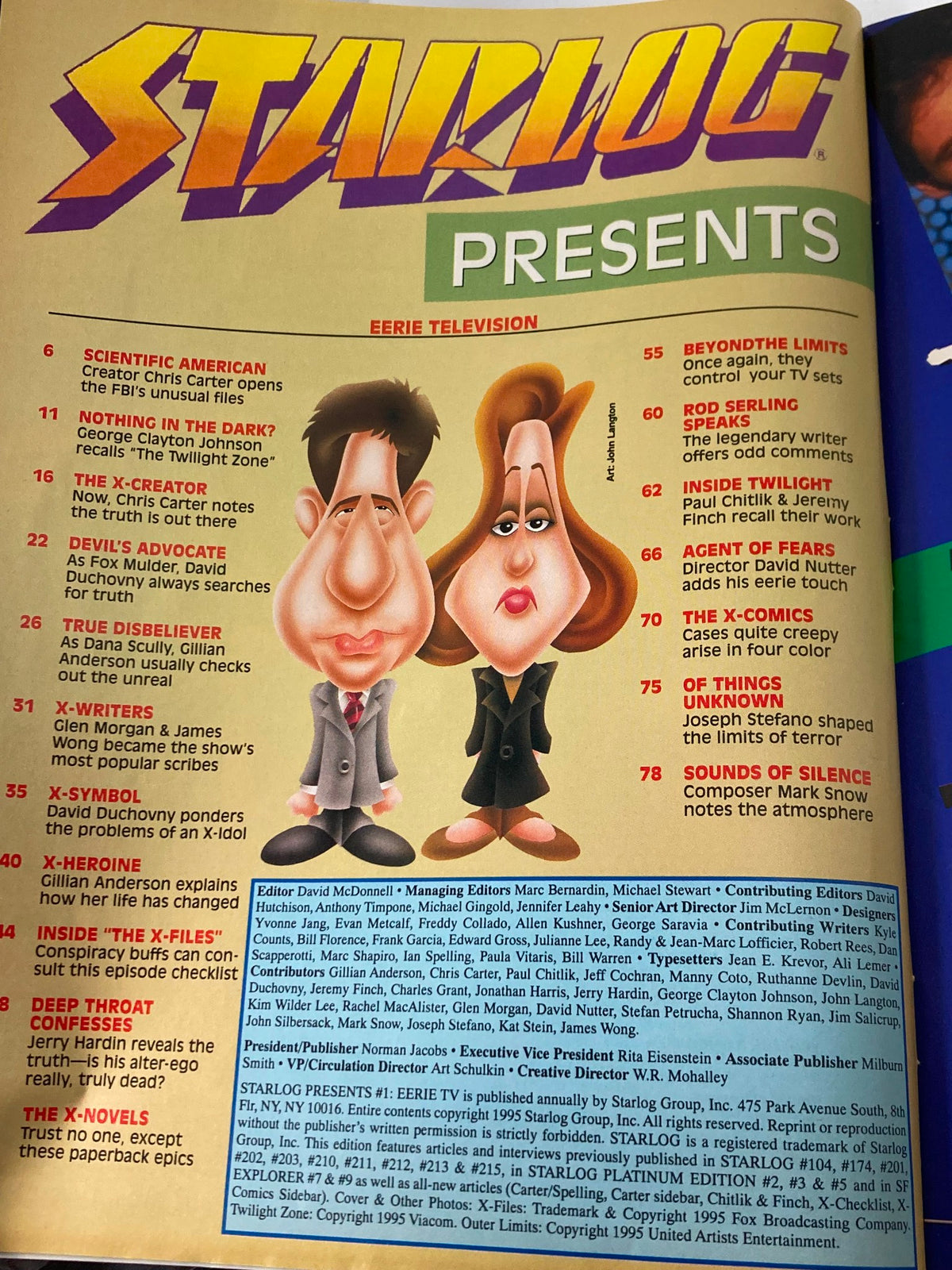 Inside contents page of Starlog December 1995 showcasing 'Eerie Television' features, including interviews with David Duchovny and Gillian Anderson.