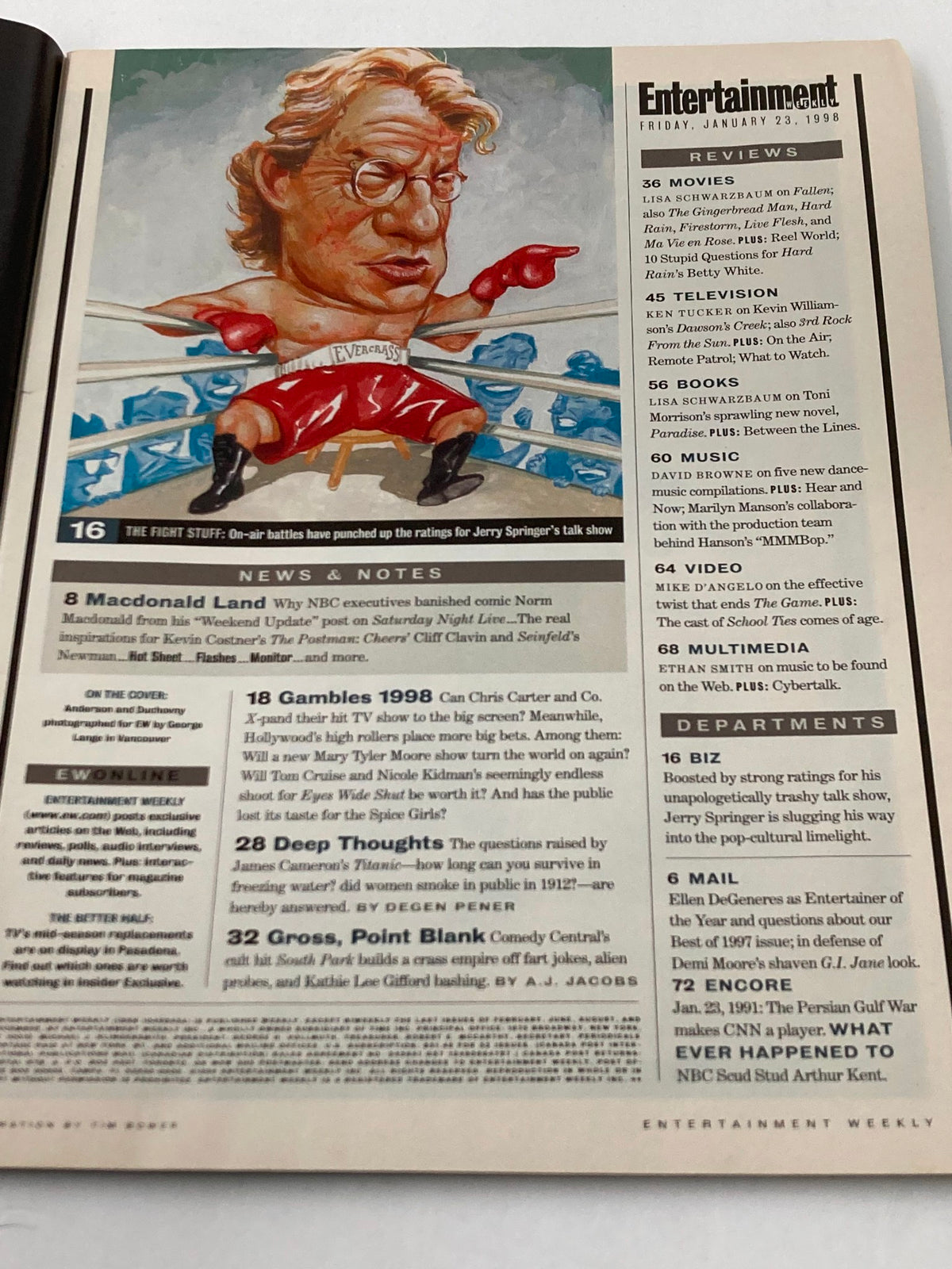 Interior page of Entertainment Weekly Magazine dated January 23, 1998, displaying cartoonish caricature artwork and features news and entertainment reviews.