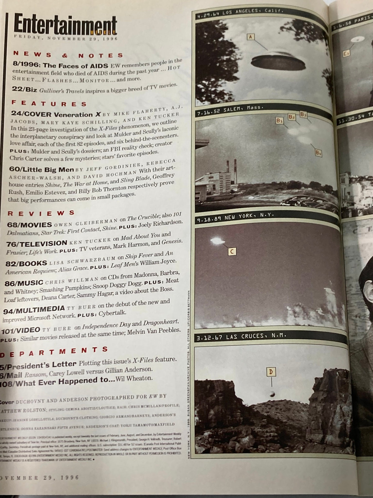 Interior page of Entertainment Weekly Magazine, November 29, 1996, showcasing articles and highlights including coverage of The X-Files.