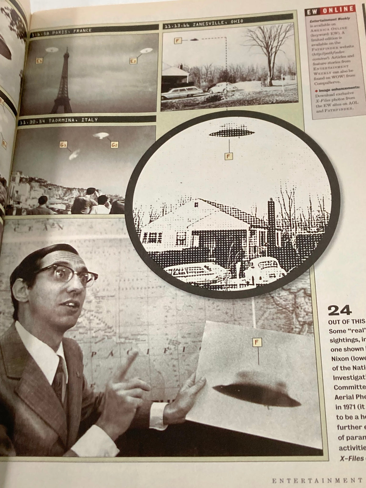 Another interior page of Entertainment Weekly Magazine, November 29, 1996, featuring illustrations and UFO sighting information related to The X-Files.