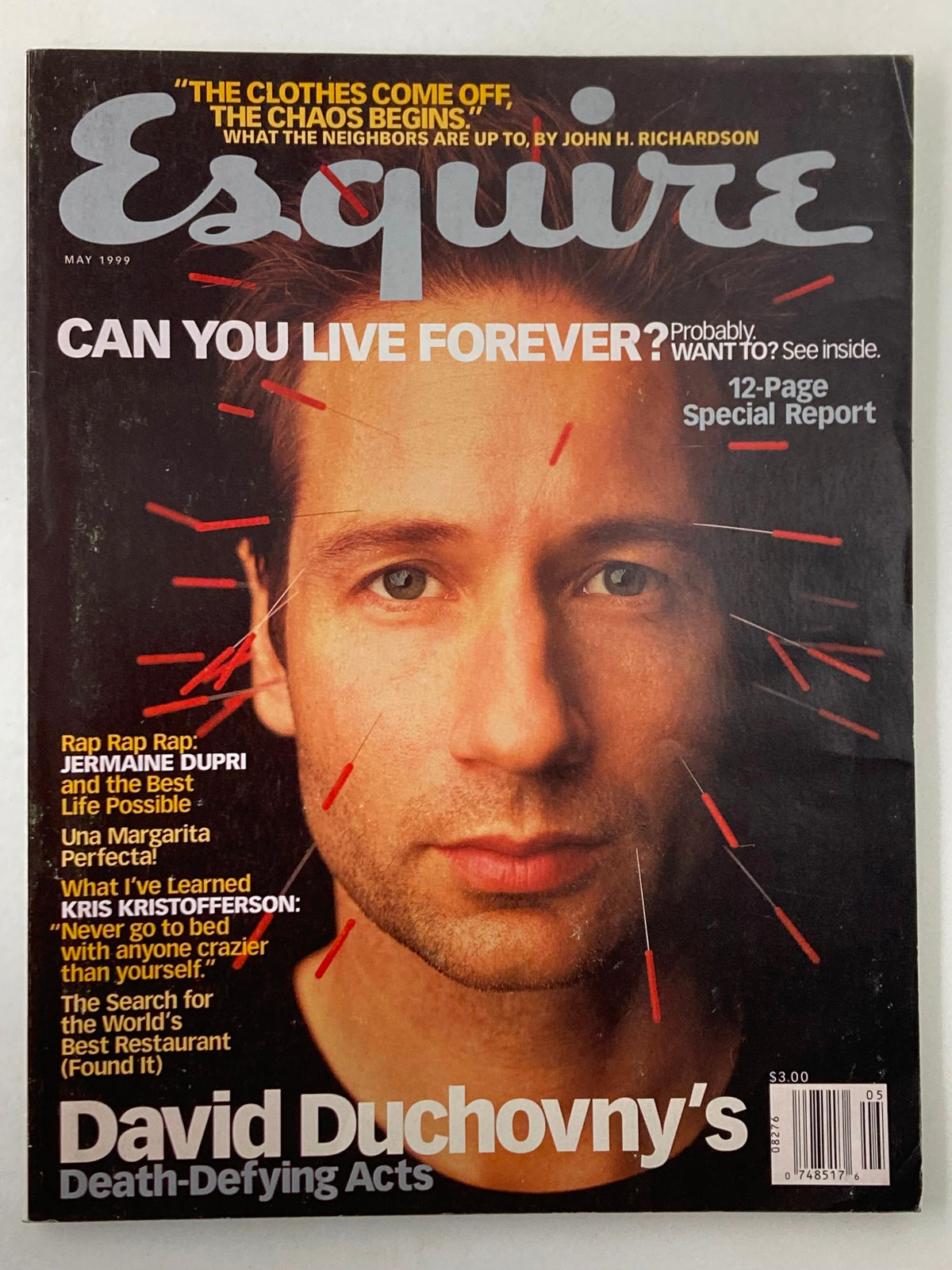 Cover of Esquire Magazine May 1999 featuring David Duchovny. The headline reads "CAN YOU LIVE FOREVER?" with the subheading "David Duchovny's Death-Defying Acts". The cover features a striking photo of David Duchovny with artistic elements that capture the essence of late '90s pop culture.