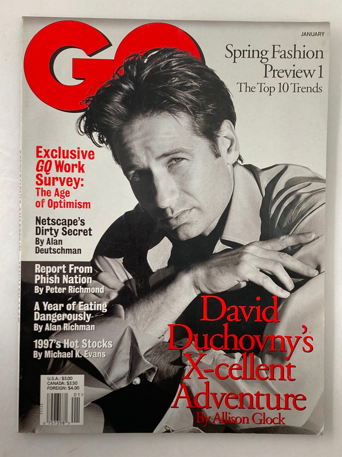 Cover of GQ Magazine January 1997 featuring David Duchovny's X-cellent Adventure, showcasing vintage fashion and pop culture from the 90s.