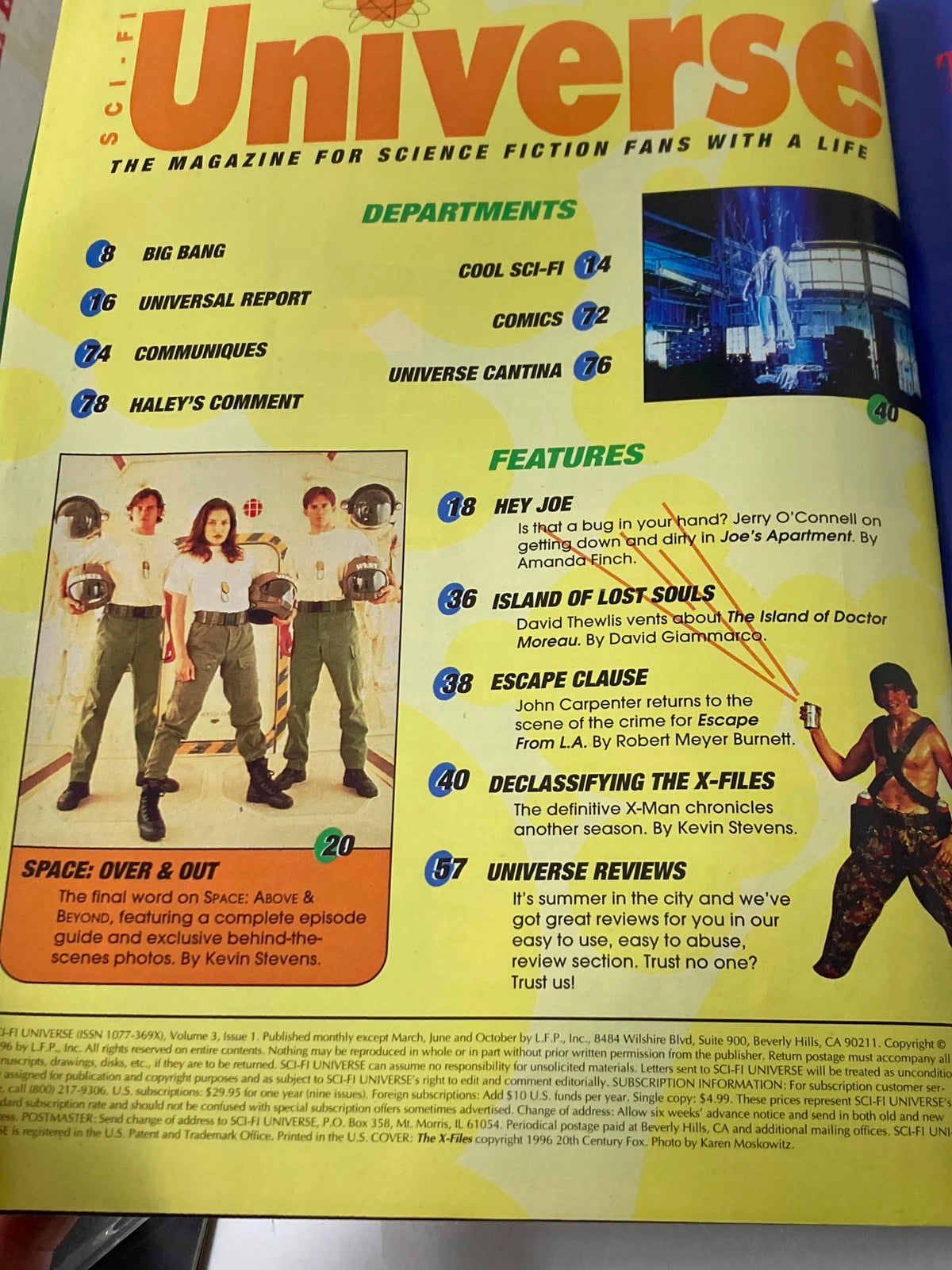 Interior page of Sci-Fi Universe Magazine September 1996, displaying the table of contents with sections like 'Big Bang', 'Universal Report', and features including 'Declassifying The X-Files', aimed at science fiction fans.