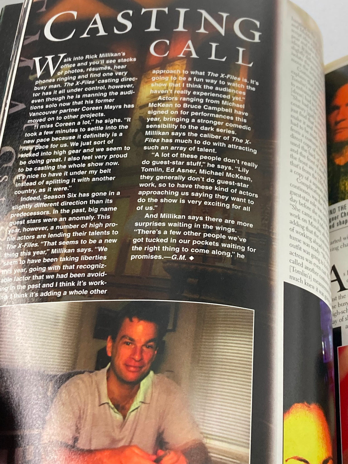 An article titled 'Casting Call' from The X-Files Yearbook 2000, featuring commentary by Rick Millikan and details about the show's casting process.