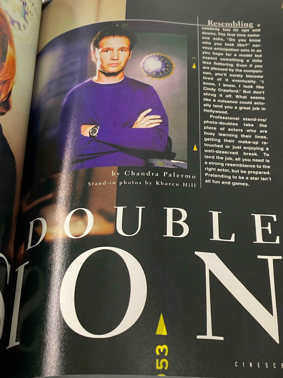 A feature titled 'Double Vision' from The X-Files Yearbook 2000, showcasing stand-in photos of actors and reflections on their roles and performances.