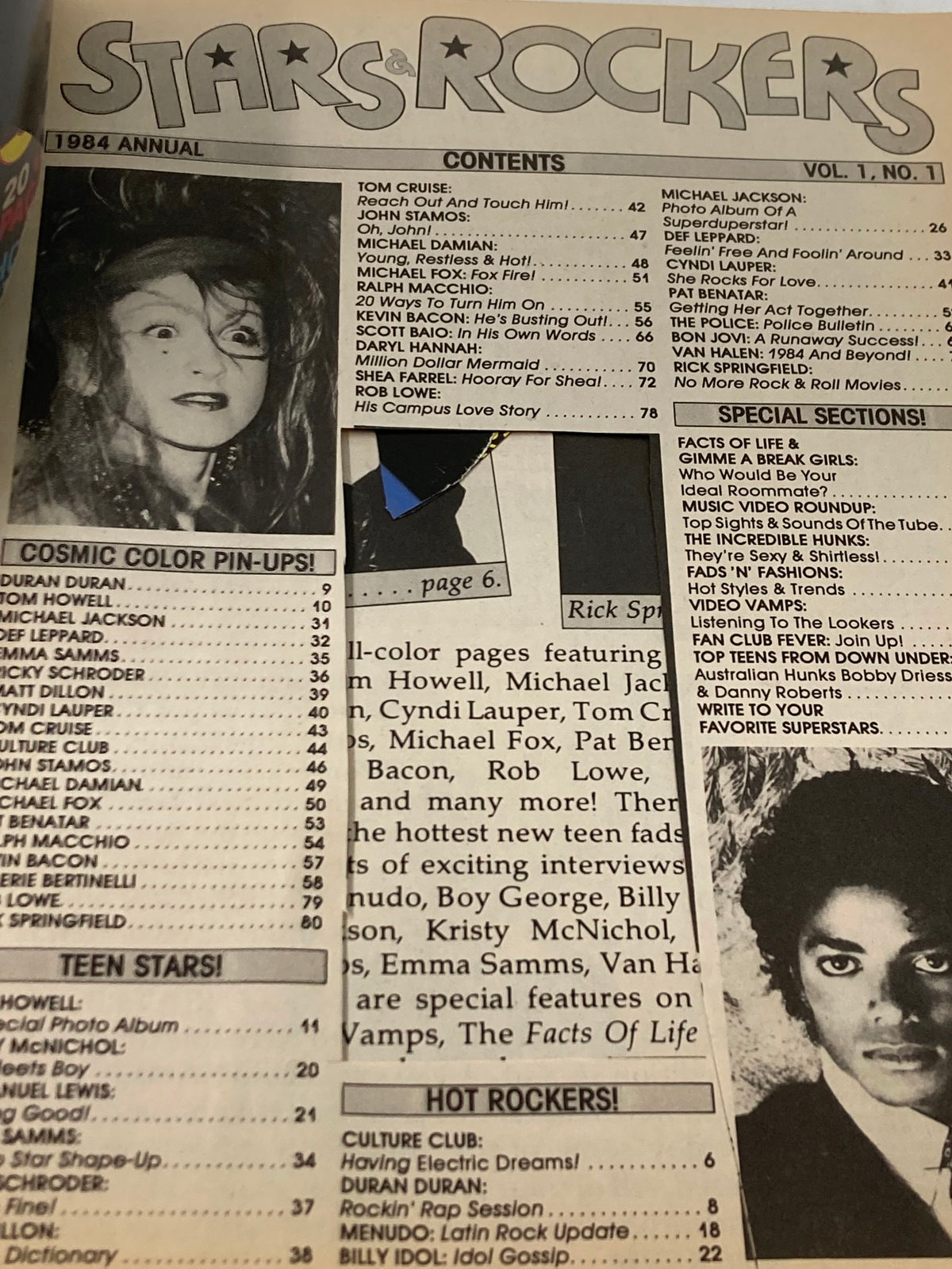 Contents page of Stars & Rockers Magazine 1984 Vol 1 #1 showcasing celebrity names including Michael Jackson and Duran Duran, highlighting key features of the magazine.