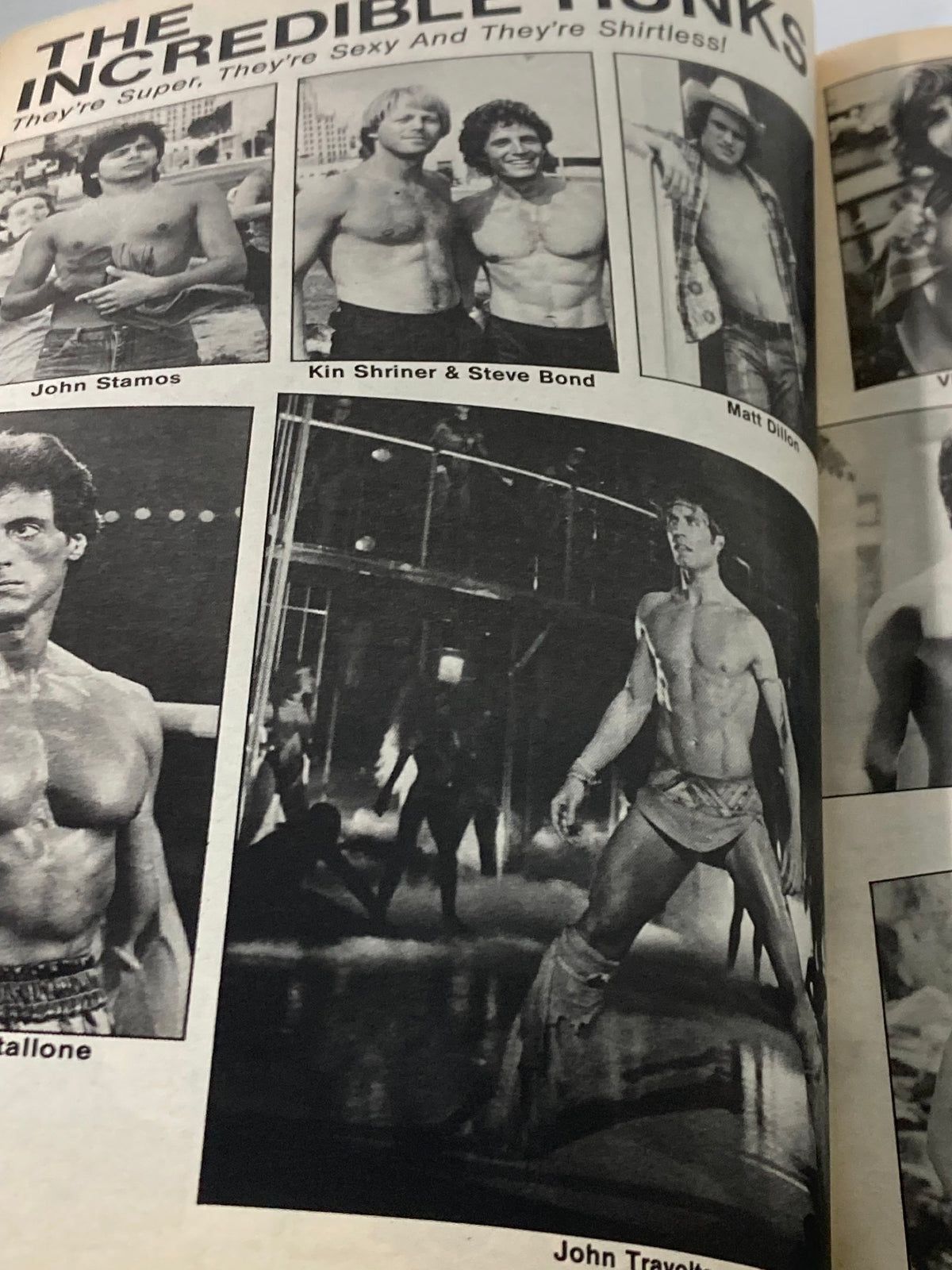The Incredible Hunks section from Stars & Rockers Magazine 1984 Vol 1 #1 featuring images of popular male actors and models, showcasing the allure and appeal of male celebrities in the 1980s.