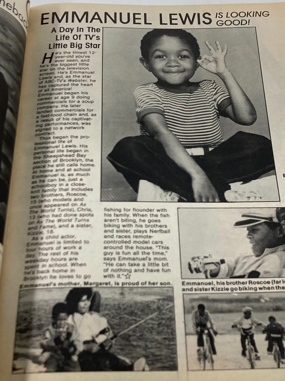 Emmanuel Lewis featured in Stars & Rockers Magazine 1984 Vol 1 #1, showcasing an article about the child actor's life and career.