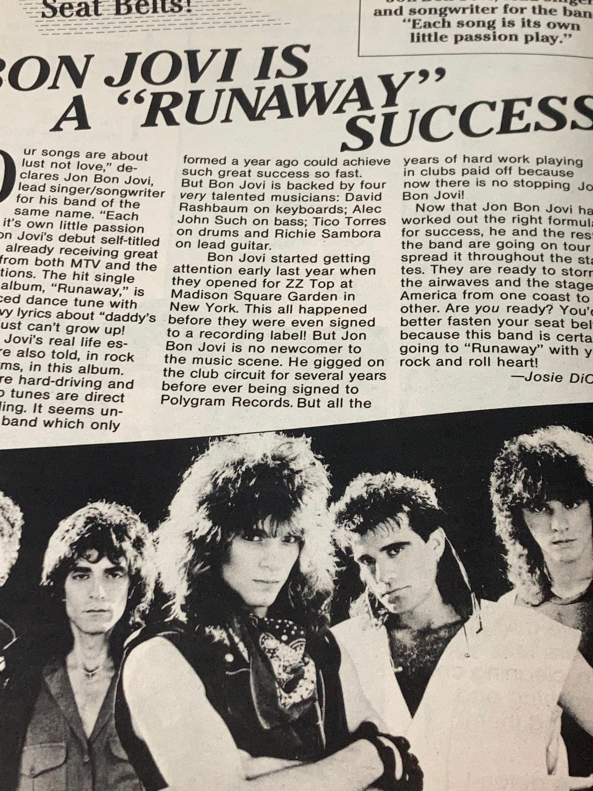 An article page from Stars & Rockers Magazine 1984 Vol 1 #1 discussing Jon Bon Jovi's rise to fame and success with the band, featuring images of the band members.