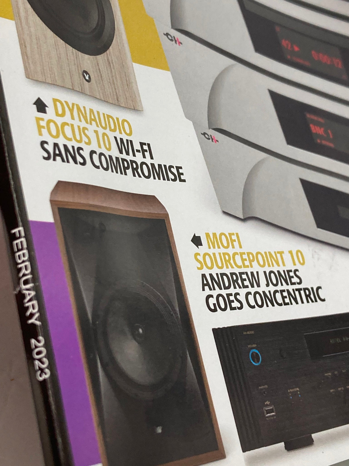 Cover of Stereophile Magazine February 2023 featuring Dynaudio Focus 10 Wi-Fi speaker and MoFi Sourcepoint 10, showcasing audio equipment discussed in Volume 46 Issue 2 titled 'The Sound of Live Music'.