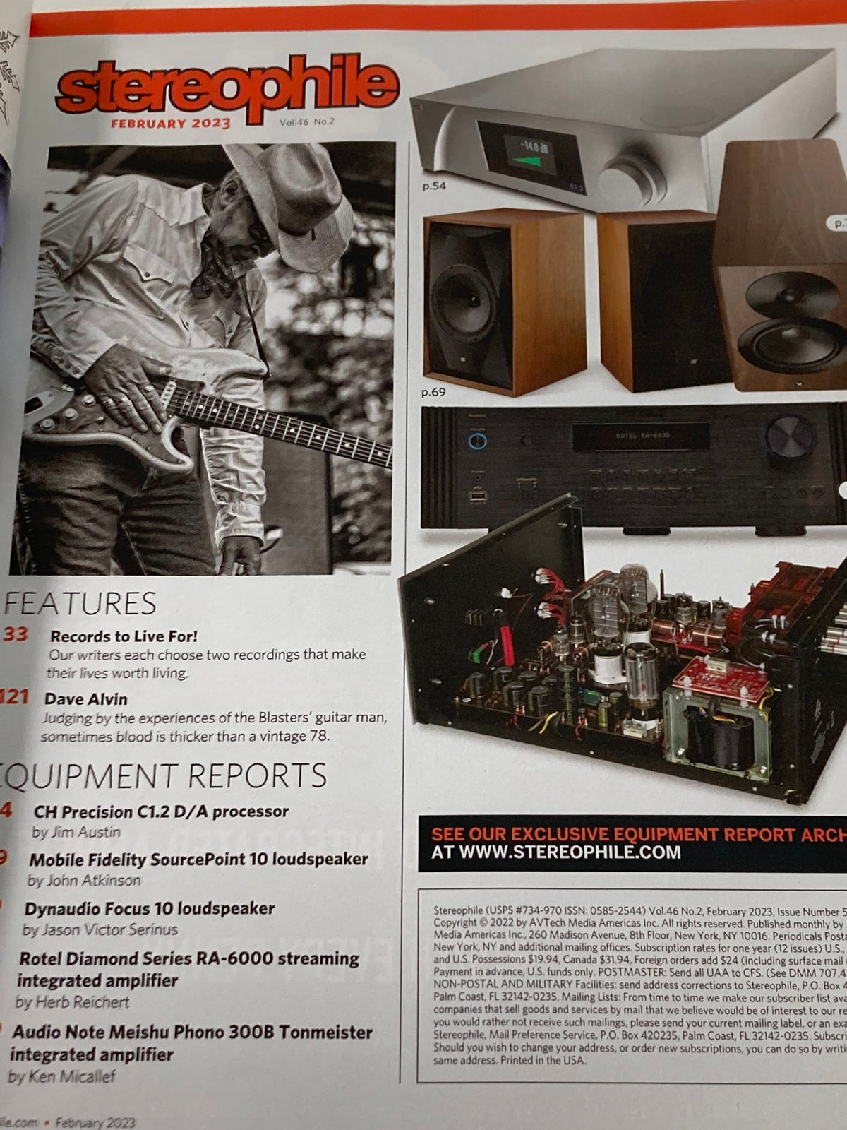 Inside page of Stereophile Magazine February 2023 highlighting features, with an article on guitar recordings and equipment reports on notable brands including Dynadio and Mobile Fidelity.