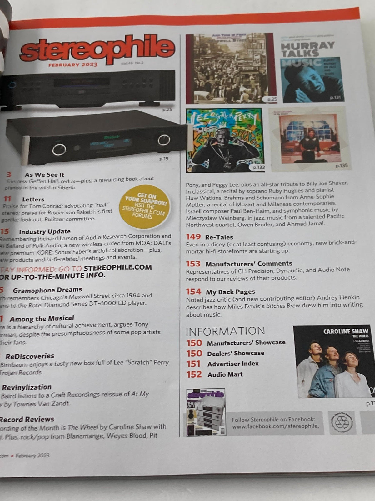 Another interior page of Stereophile Magazine February 2023, displaying various audio equipment listings and articles, maintaining the theme of high-fidelity sound in Volume 46 Issue 2.