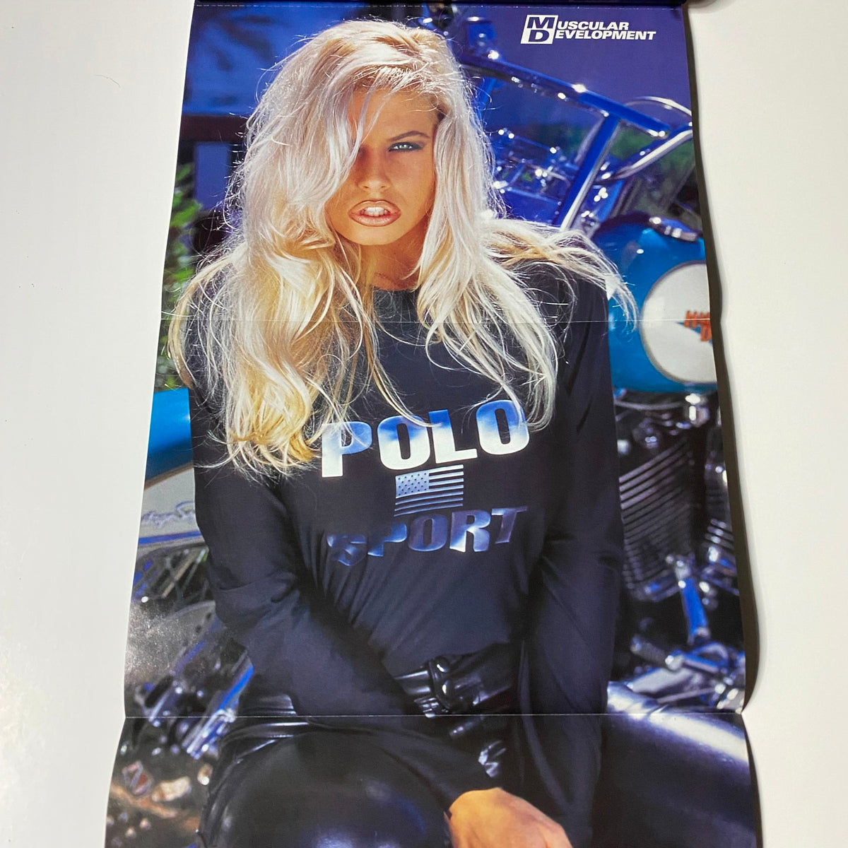 Poster inside Muscular Development Magazine, June 2001, showcasing a model in a stylish POL0 Sport shirt, alongside a classic motorcycle.