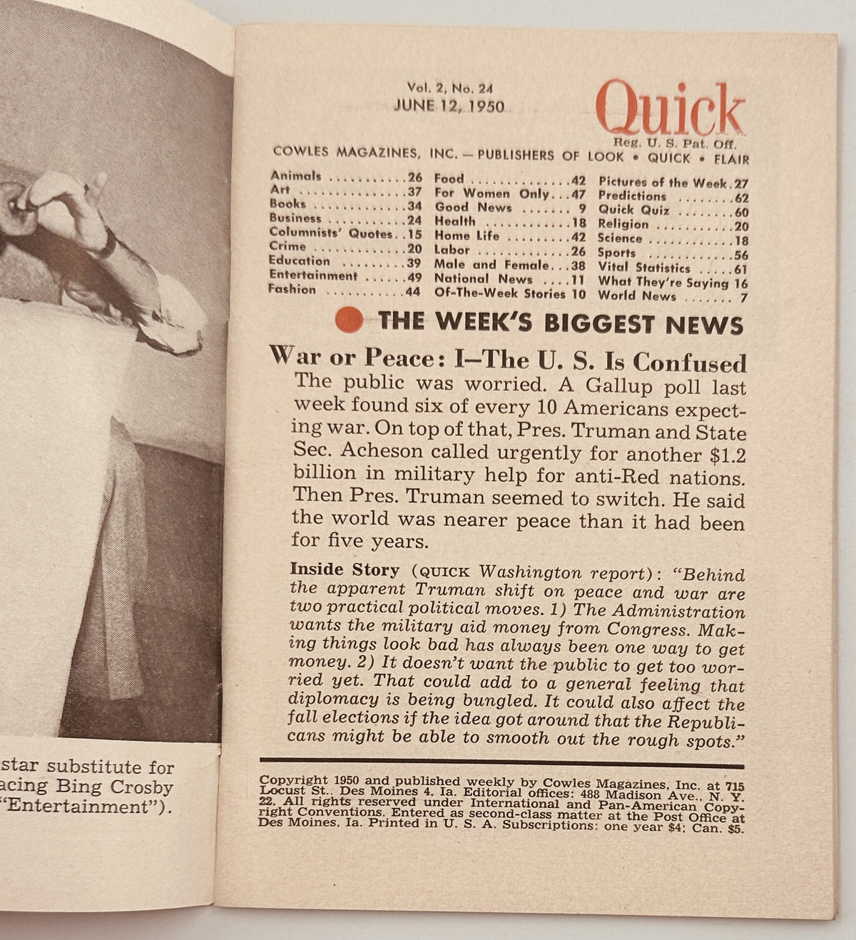 Inside page of Quick Magazine from June 12, 1950 discussing the public's confusion about war or peace and featuring a poll.