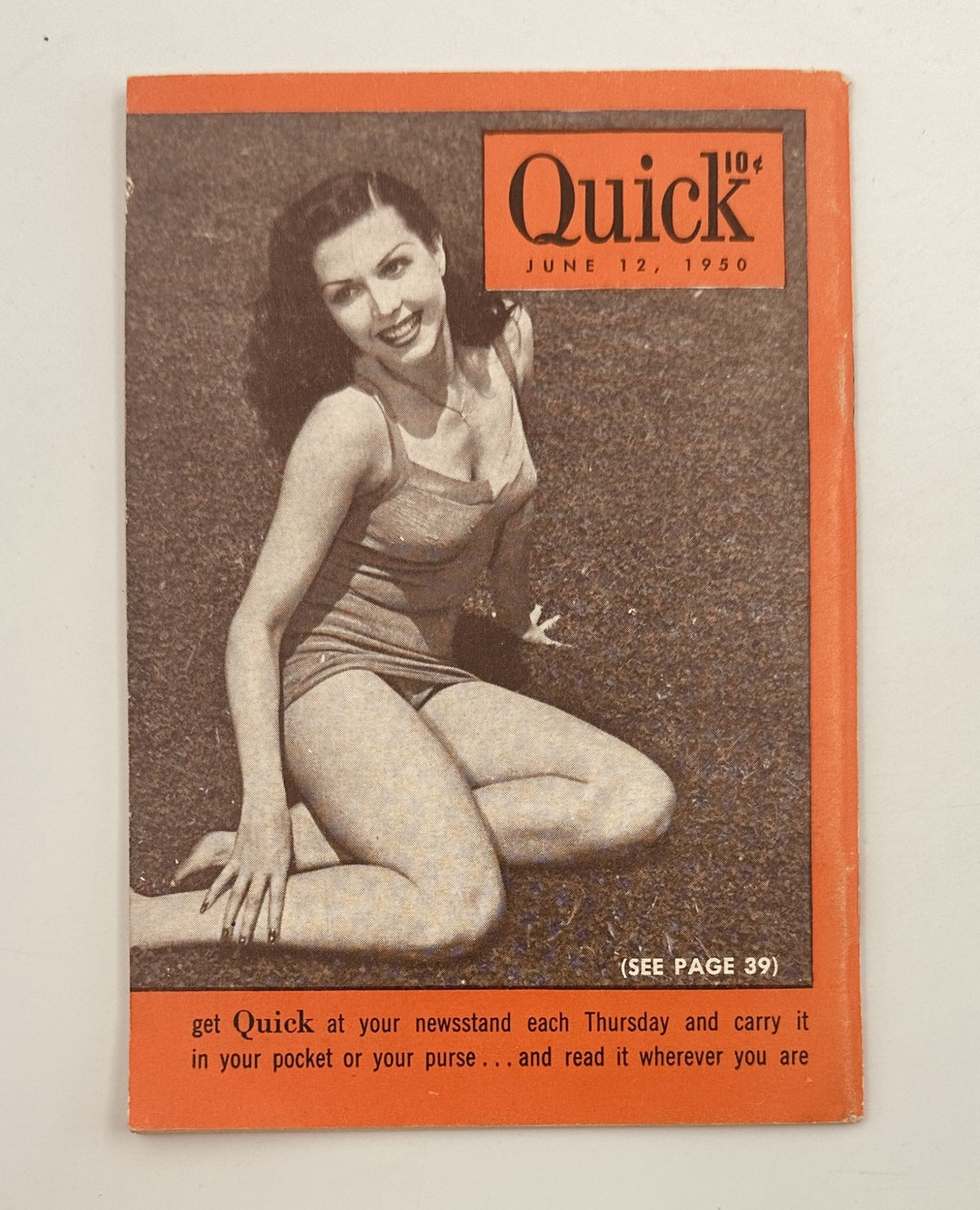 Cover of Quick Magazine dated June 12, 1950 showing a woman in a swimsuit, inviting readers to get the magazine.