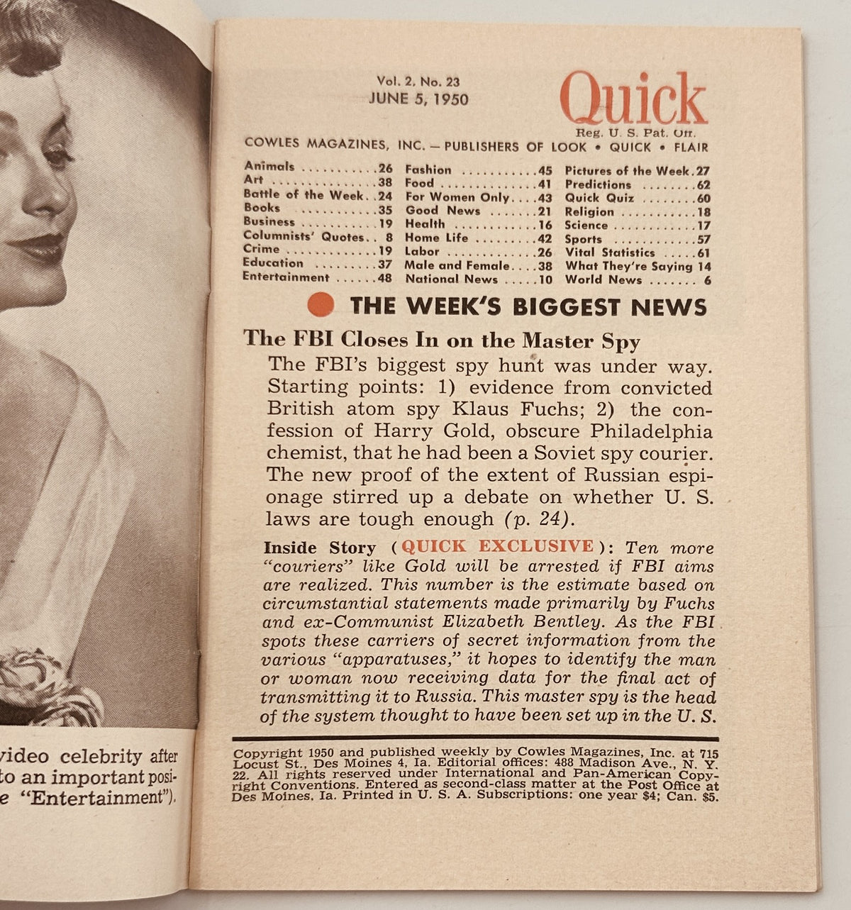 Inside page of Quick Magazine from June 5, 1950, detailing the FBI's investigation into Klaus Fuchs and Harry Gold, highlighted with 'THE WEEK'S BIGGEST NEWS'.