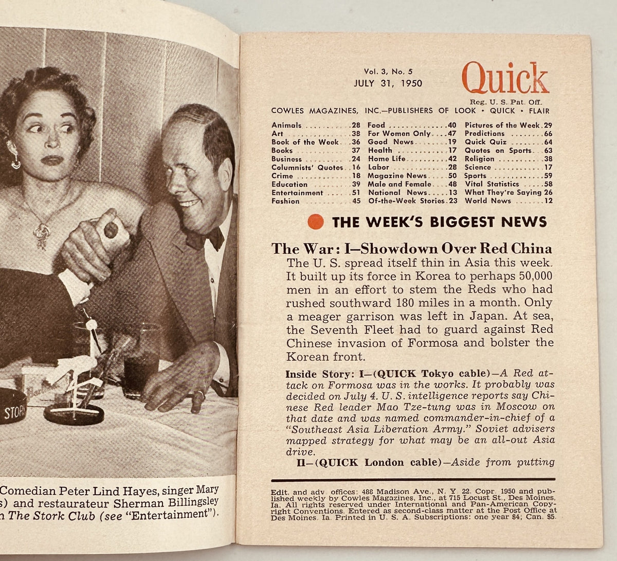 Inside page of Quick Magazine July 31, 1950 showcasing an article about the week's biggest news, including a discussion on the Red China conflict.