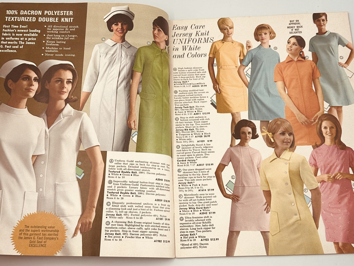 James G. Fast Catalog 1968 Nurse Uniforms Smocks Medical Apparel emphasizing easy-care jersey knit uniforms in various colors showcased on models.