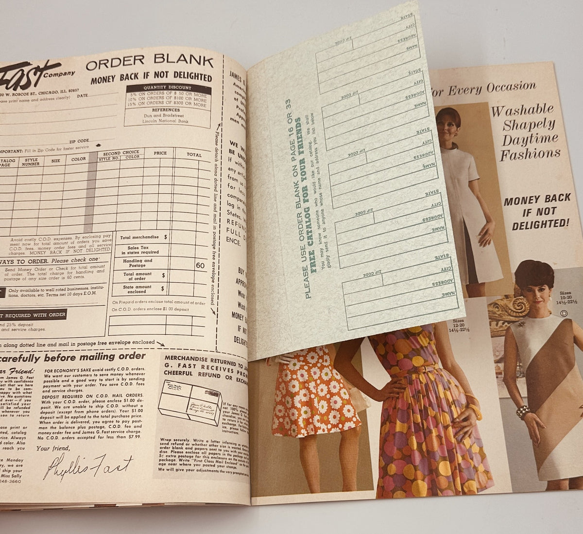 James G. Fast Catalog 1968 Nurse Uniforms Smocks Medical Apparel featuring an order blank page alongside images of fashionable daytime dresses from the 1968 catalog.
