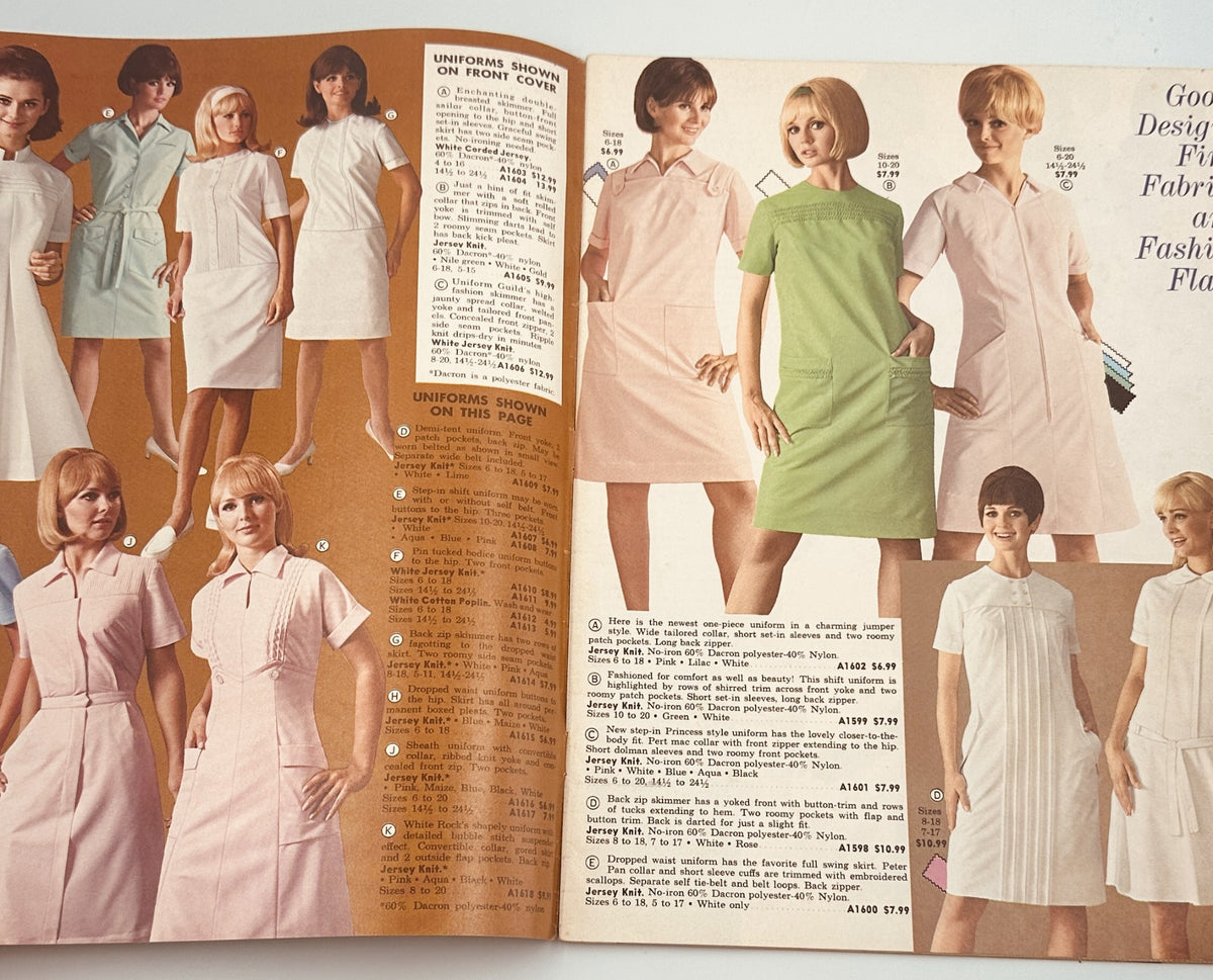 Interior page of the James G. Fast Catalog 1967 displaying various nurse uniform designs in pastel colors, illustrating fashion trends in medical workwear of the era.