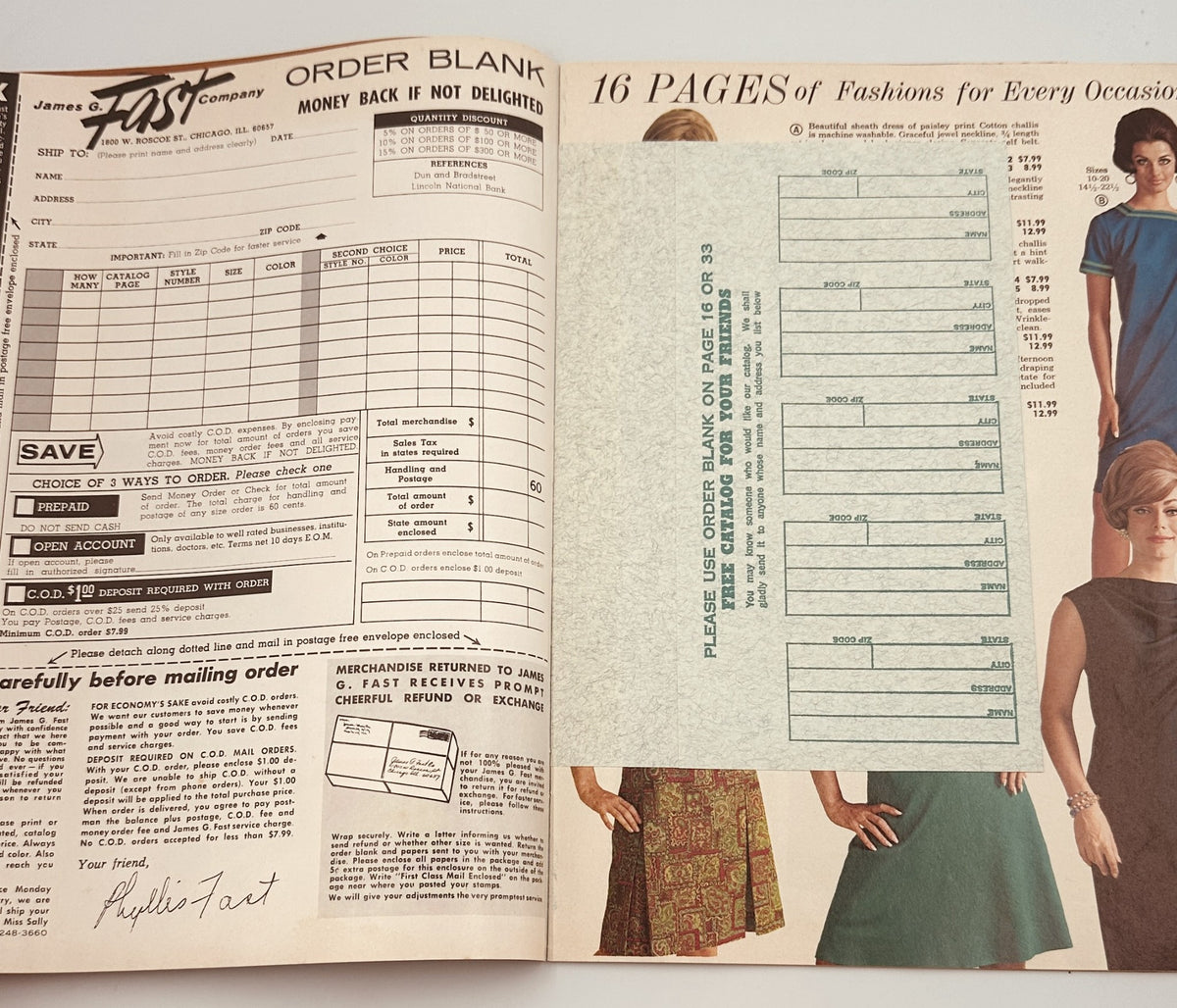Order form page from the James G. Fast Catalog 1967, featuring a vintage layout for ordering nurse uniforms and dresses, capturing the essence of 1960s fashion marketing.