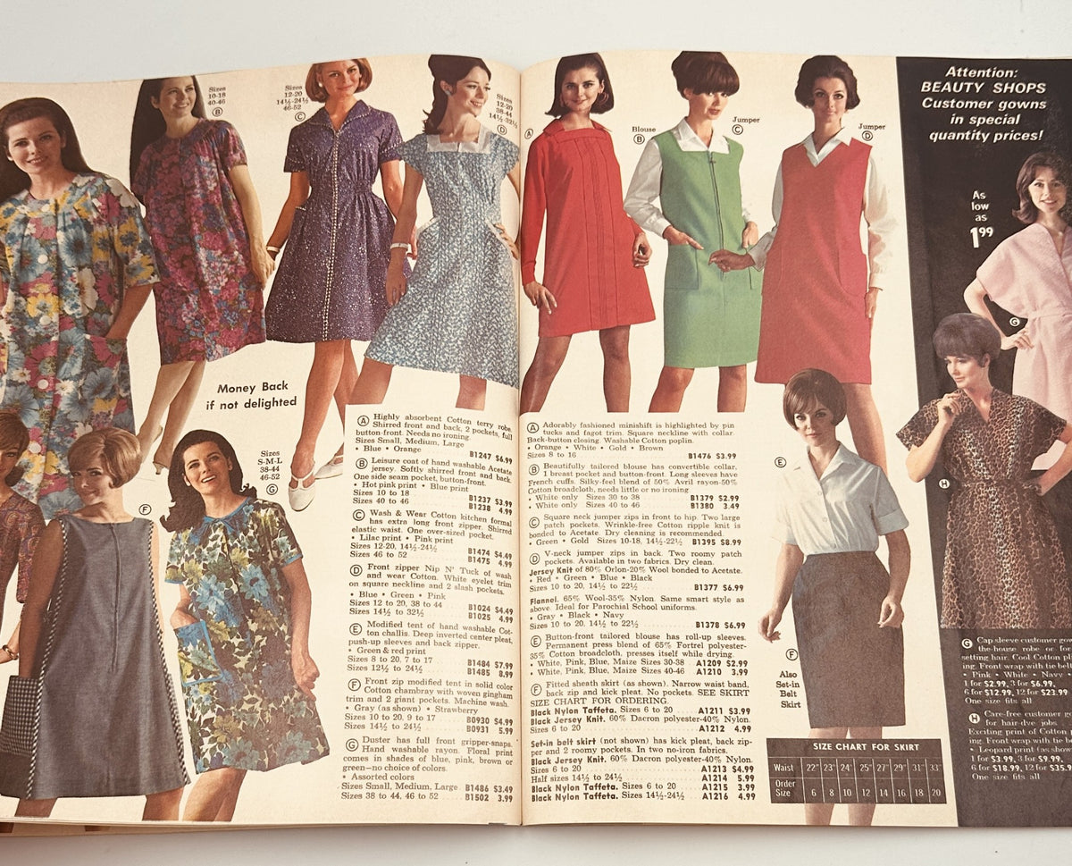 1970s styles in the 1967 James G. Fast catalog displaying colorful nurse uniforms, dresses, and casual apparel worn by models.