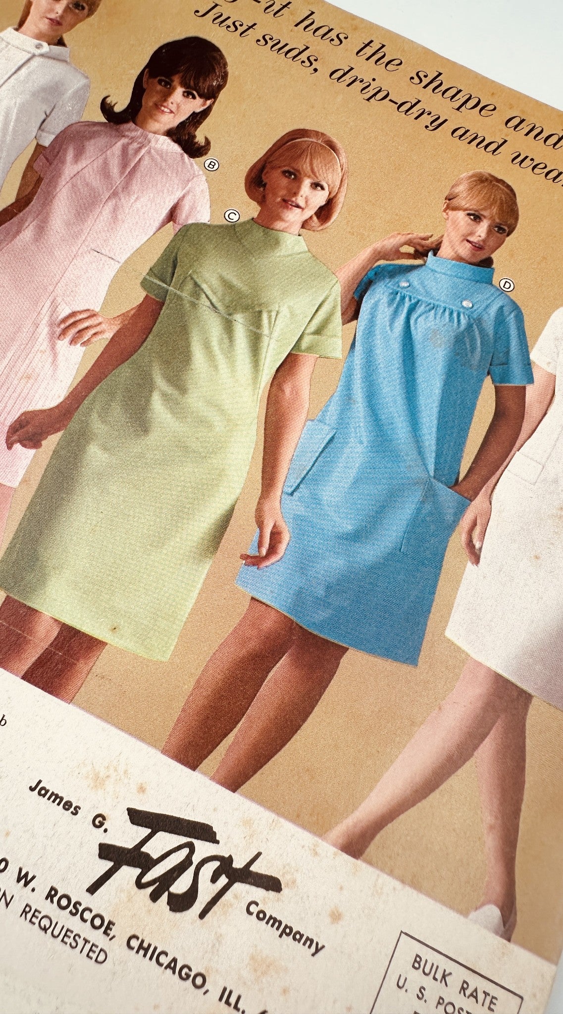 Close-up of elegant nurse uniforms from the 1967 James G. Fast catalog, featuring styles designed for comfort and practicality.