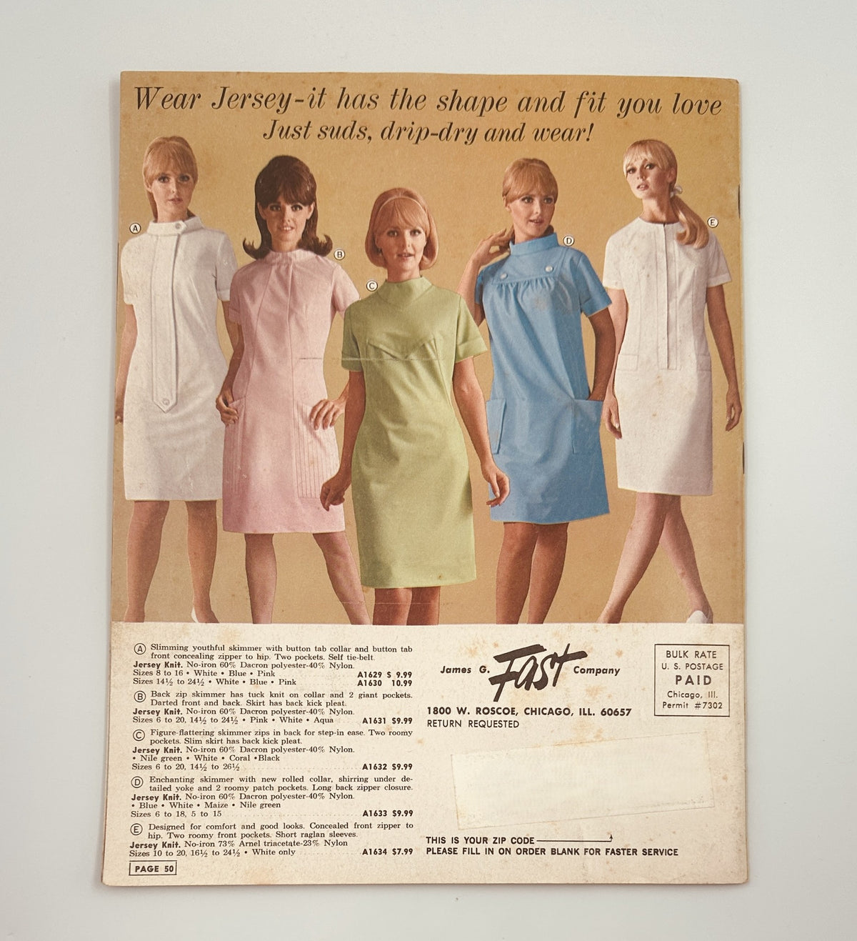 Back cover of the 1967 James G. Fast catalog, displaying nurse uniforms with a focus on fit and functionality in medical workwear.