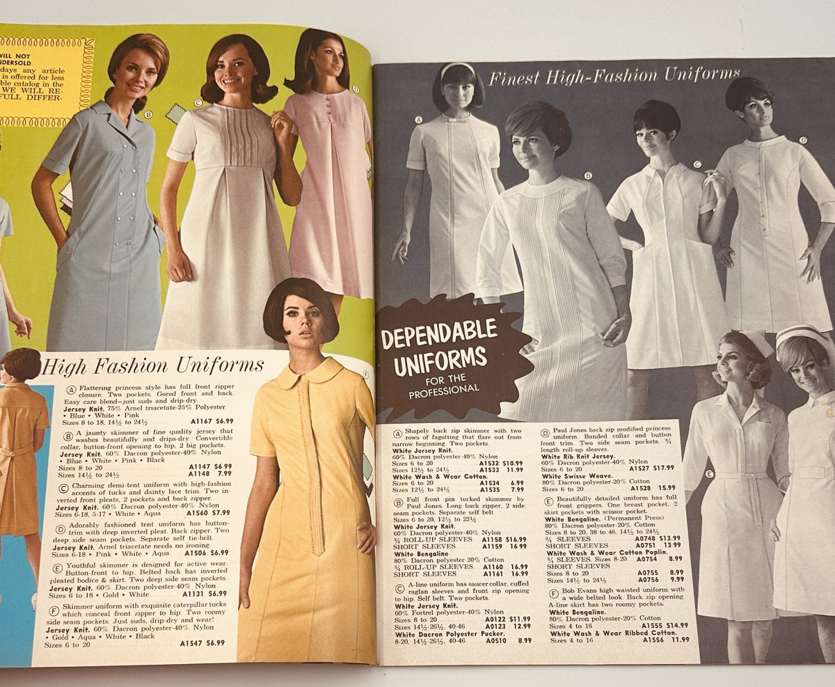 Colorful inside pages of the James G. Fast Catalog 1967 featuring high-fashion uniforms designed for professionals with pricing and details.