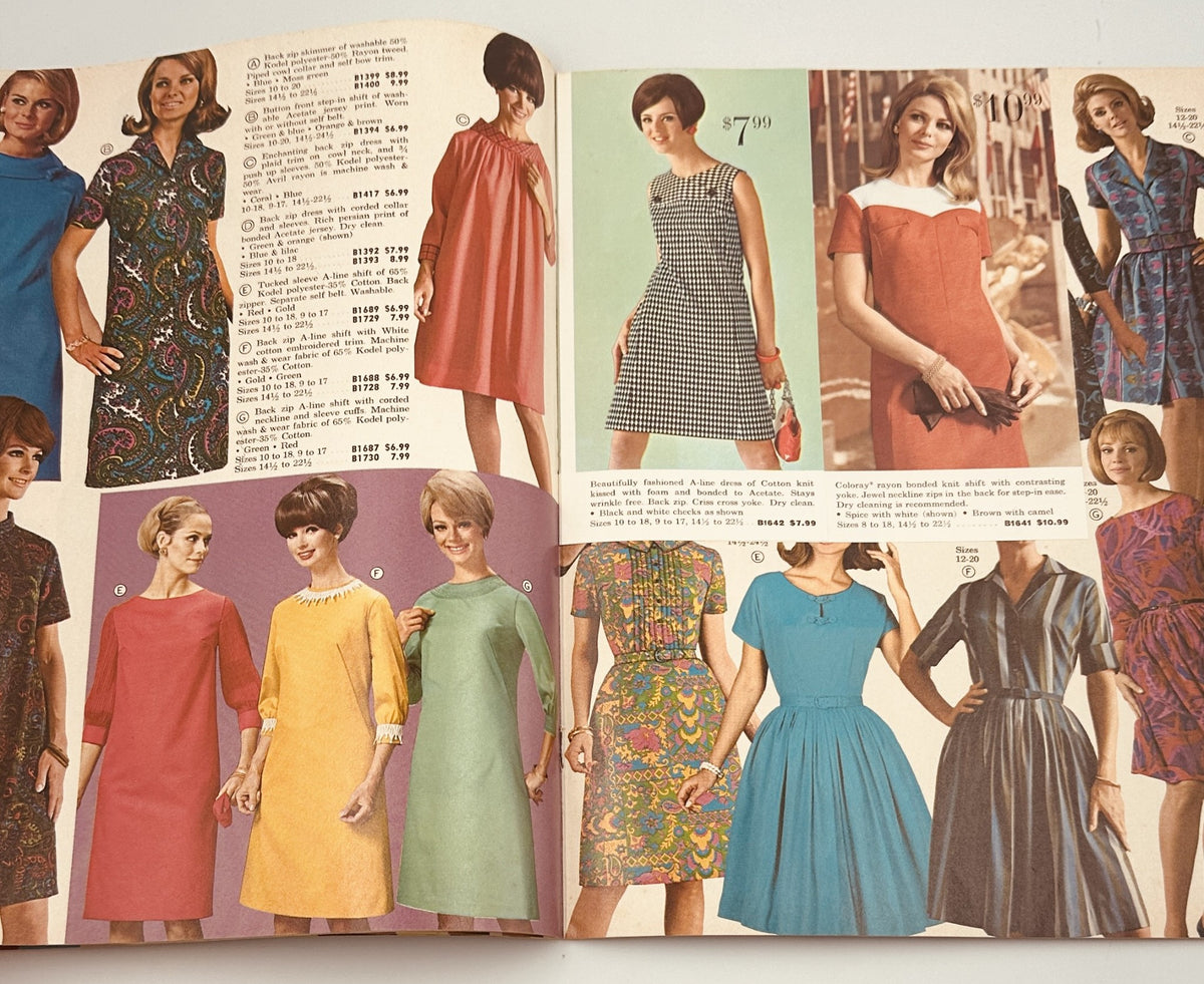 1967 James G. Fast Catalog Stretch Your Dollar Sale showcasing stylish dresses and uniforms for women, featuring various vibrant colors and patterns.