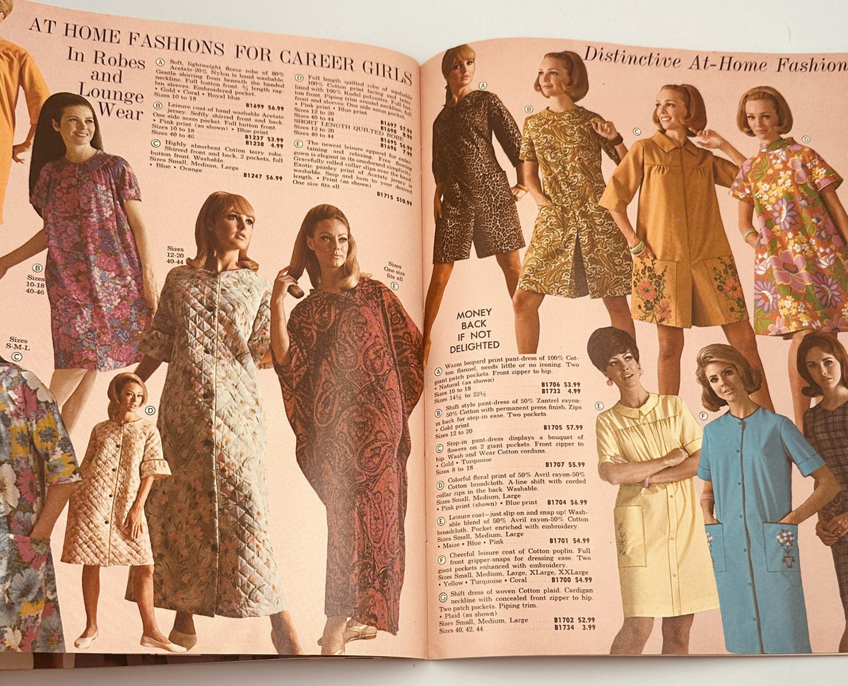 1967 James G. Fast Catalog Stretch Your Dollar Sale page featuring distinctive at-home fashions for career girls, including robes and lounge wear styles.
