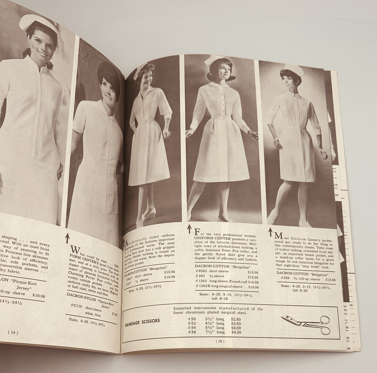 Interior view of the Fall/Winter 1969-1970 Uniform Center Catalog, displaying additional styles of nurse uniforms in monochrome, featuring detailed descriptions and pricing for vintage medical apparel.