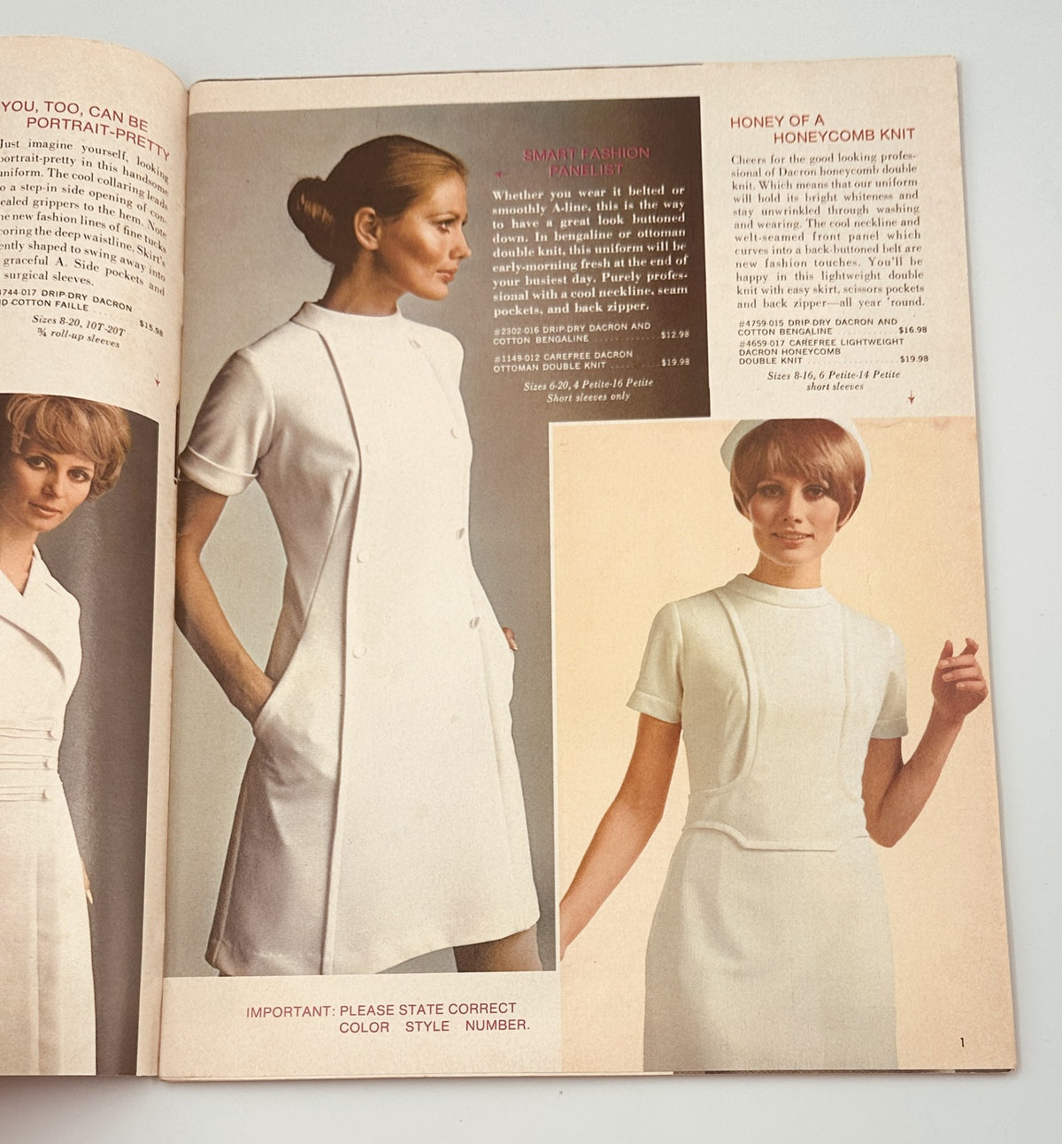 Inside page of the Budget Uniform Center Catalog Summer 1969, displaying various nurse uniforms with descriptions, epitomizing late 60s medical fashion.
