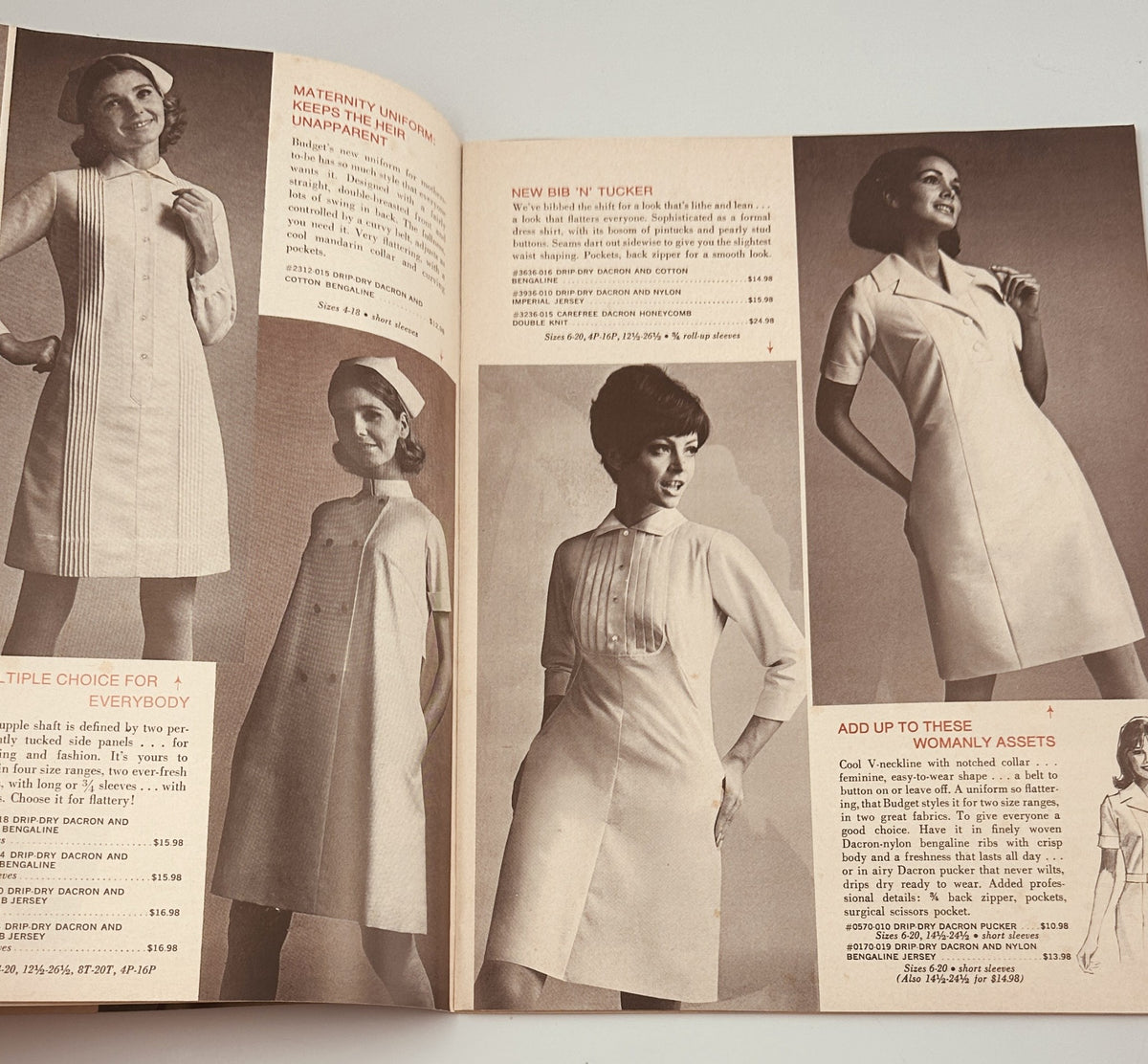 Two models showcasing different styles of nurse uniforms in the Budget Uniform Center Catalog Summer 1969, highlighting maternity wear and modern styles catered towards medical professionals.