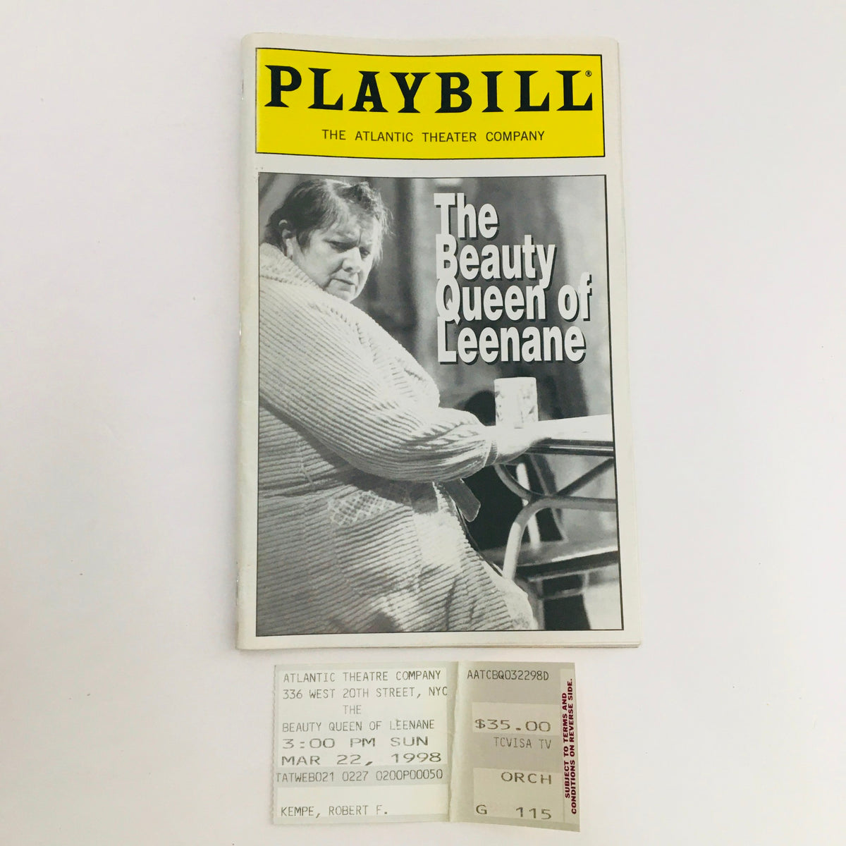 1998 Playbill for The Beauty Queen Of Leenane by Martin McDonagh showing an image of a character from the play, including original ticket for performance at Atlantic Theatre.