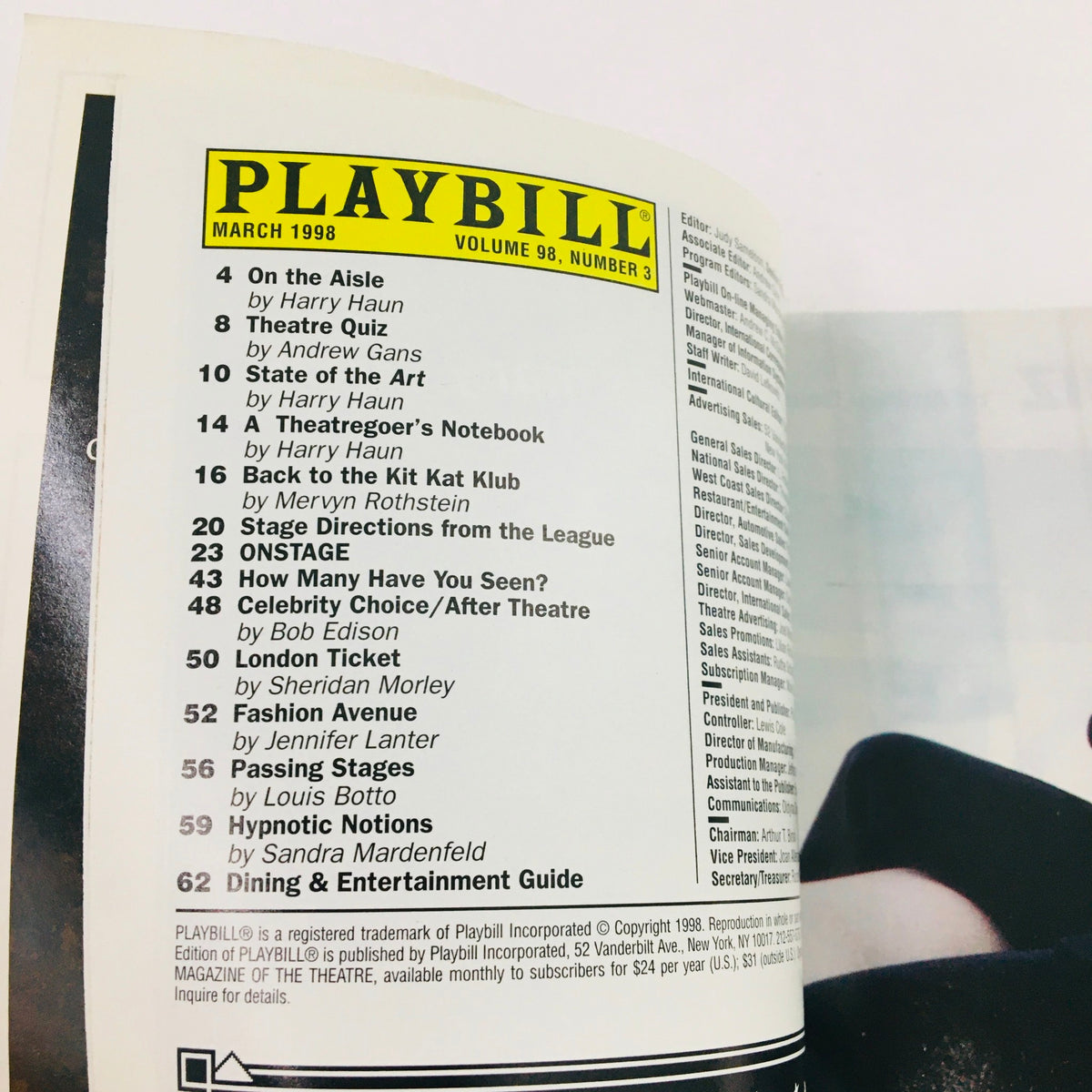 March 1998 Playbill Volume 98, Number 3 contents page featuring various articles and features with a focus on theatre including The Beauty Queen Of Leenane.