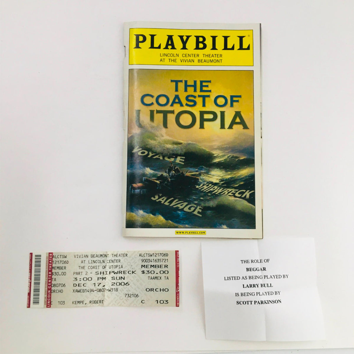 2006 Playbill for The Coast Of Utopia, directed by Jack O'Brien at Lincoln Center Theatre, featuring the show's cover along with original tickets and cast information.