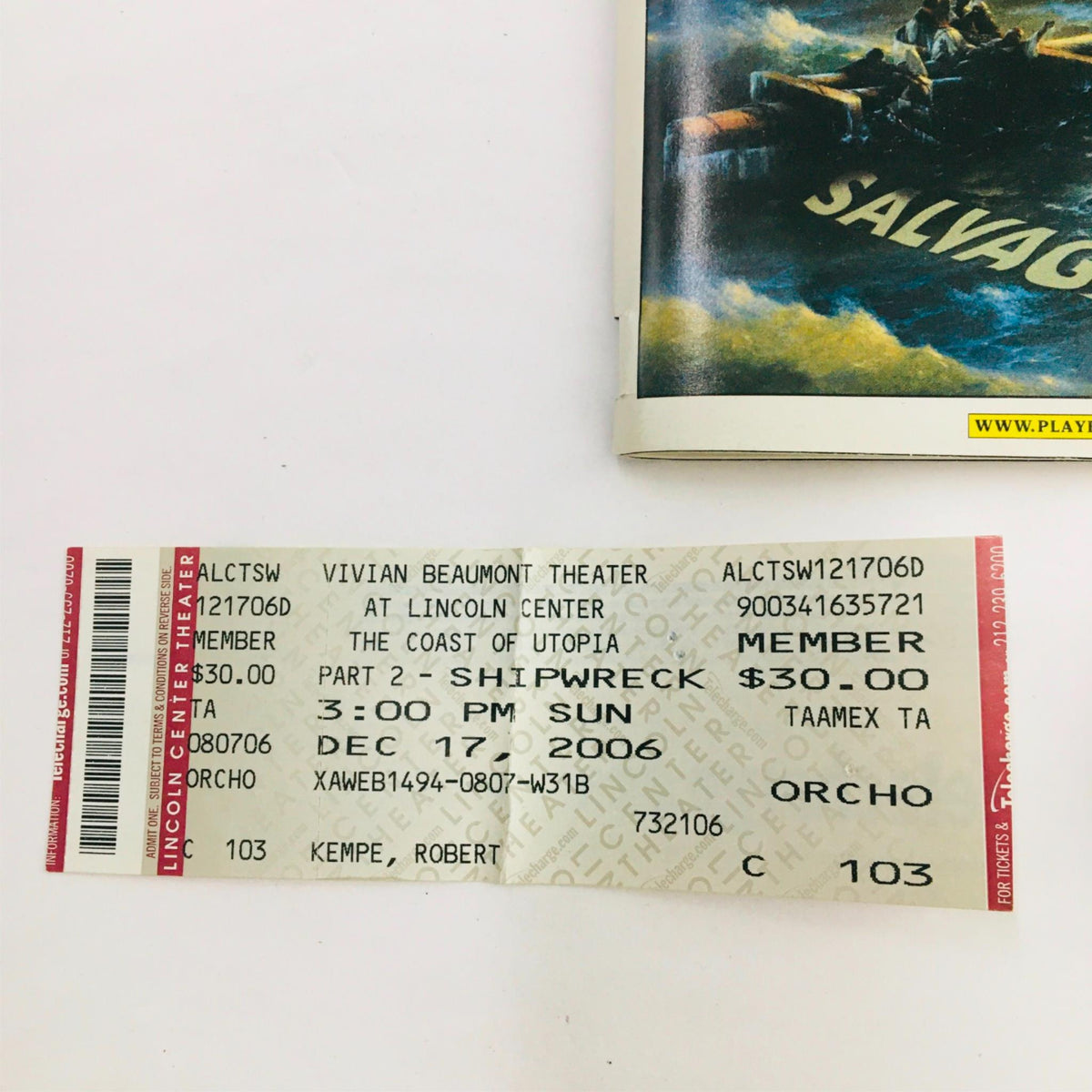 2006 Playbill The Coast Of Utopia featuring the original ticket from the performance at Lincoln Center Theatre, dated December 17, 2006.