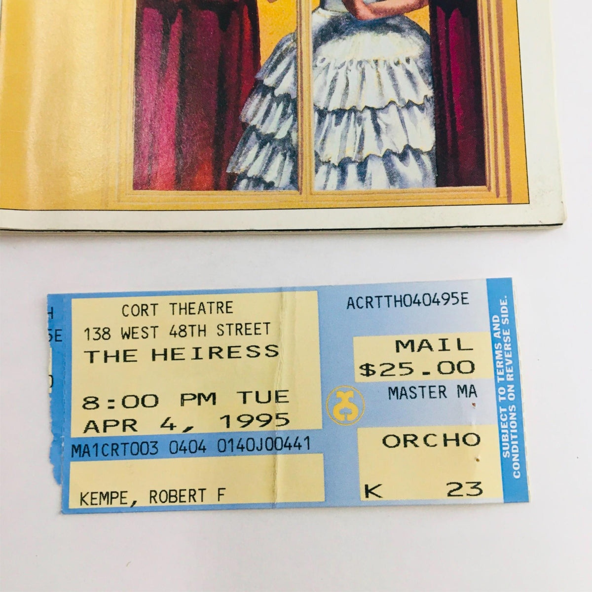 Original ticket from the 1995 Playbill The Heiress by Ruth and Augustus Goetz at Cort Theatre, highlighting the details of the show and date.