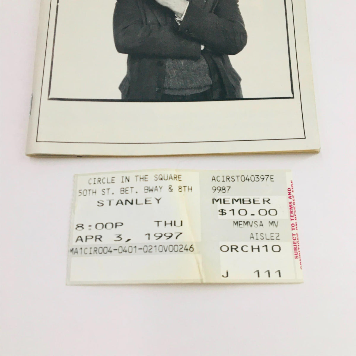 1997 Playbill Stanley by Pam Gems displaying the original ticket from the performance at Circle In The Square Theatre on April 3, 1997, highlighting the event details and collector's value.