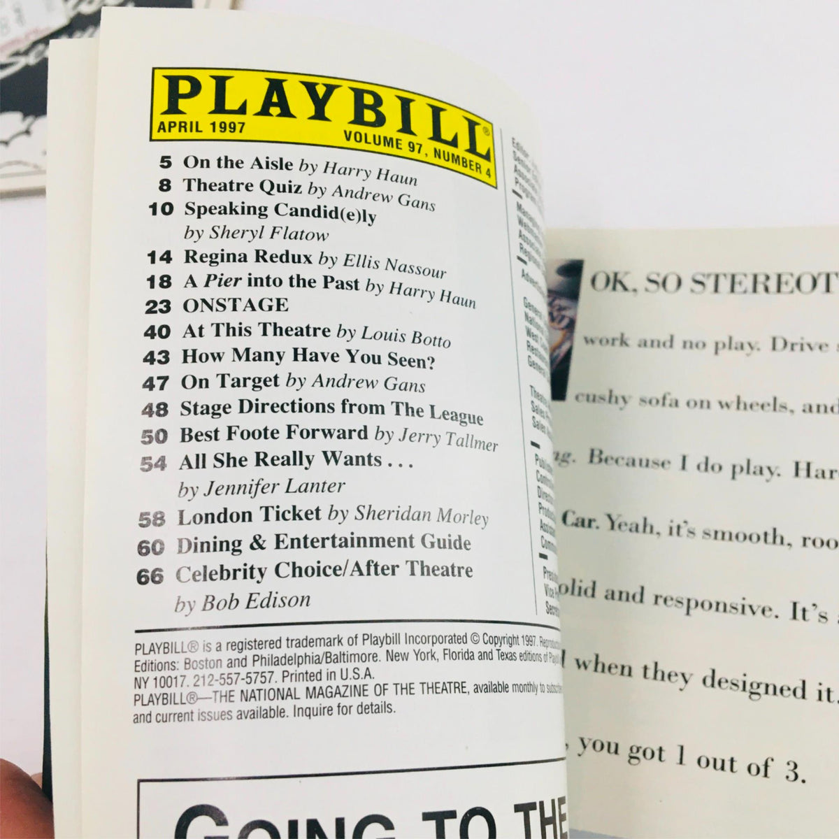 1997 Playbill Stanley by Pam Gems showcasing various pages of the Playbill, including articles and features related to the April 1997 performance at Circle In The Square Theatre.