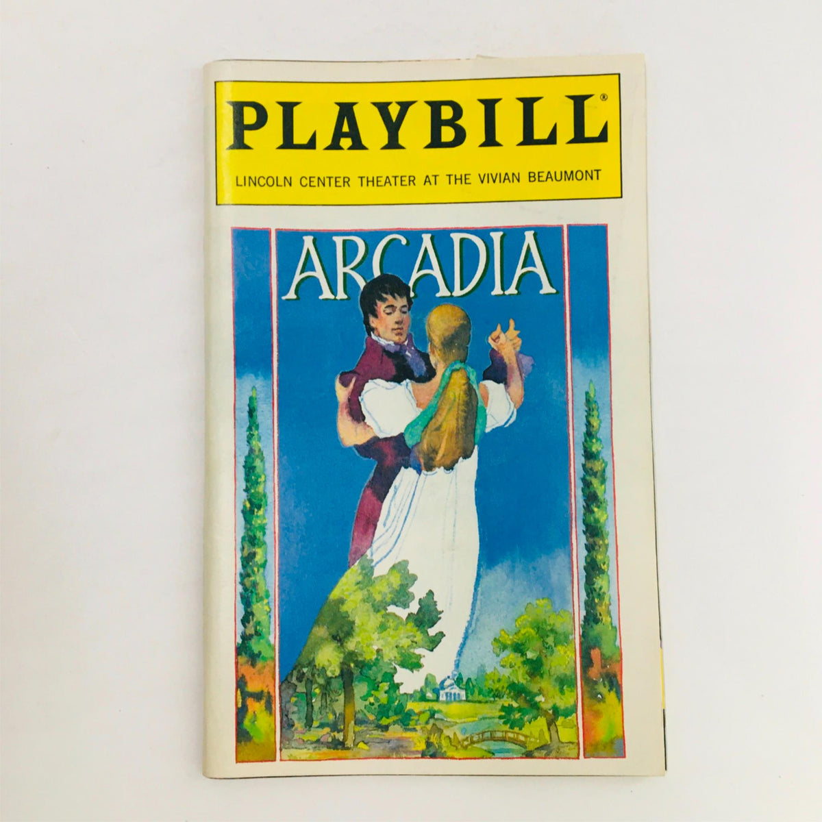 1995 Playbill Arcadia by Tom Stoppard, Trevor Nunn at Lincoln Center Theatre featuring vibrant artwork on the cover showing a male and female character in a dance pose against a scenic background.