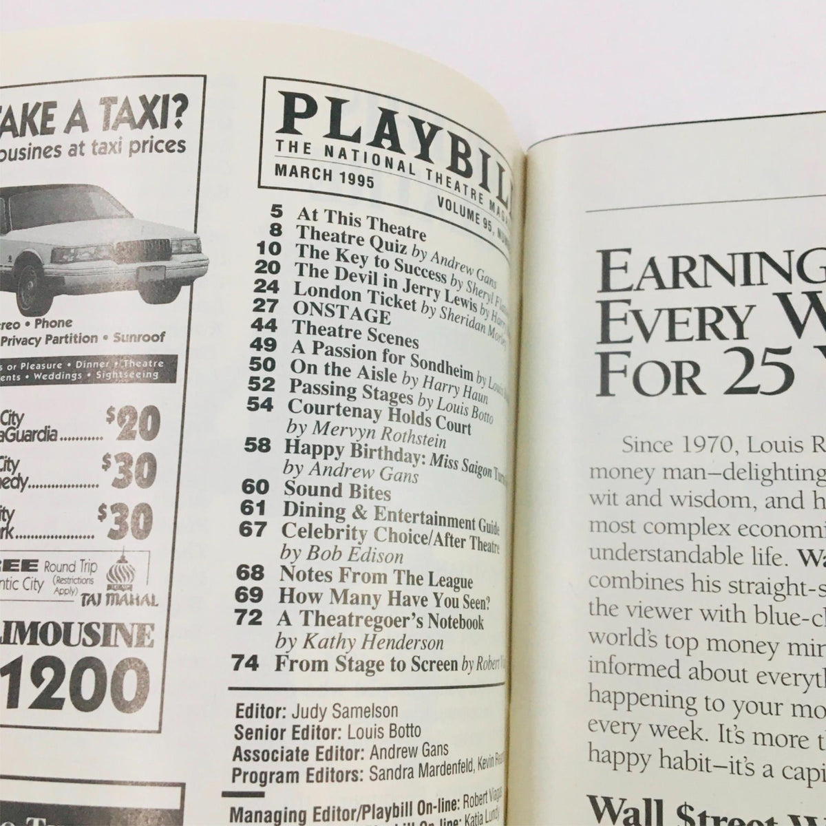 Interior pages of the March 1995 Playbill Arcadia, featuring articles and a list of scheduled performances and events in the theater.