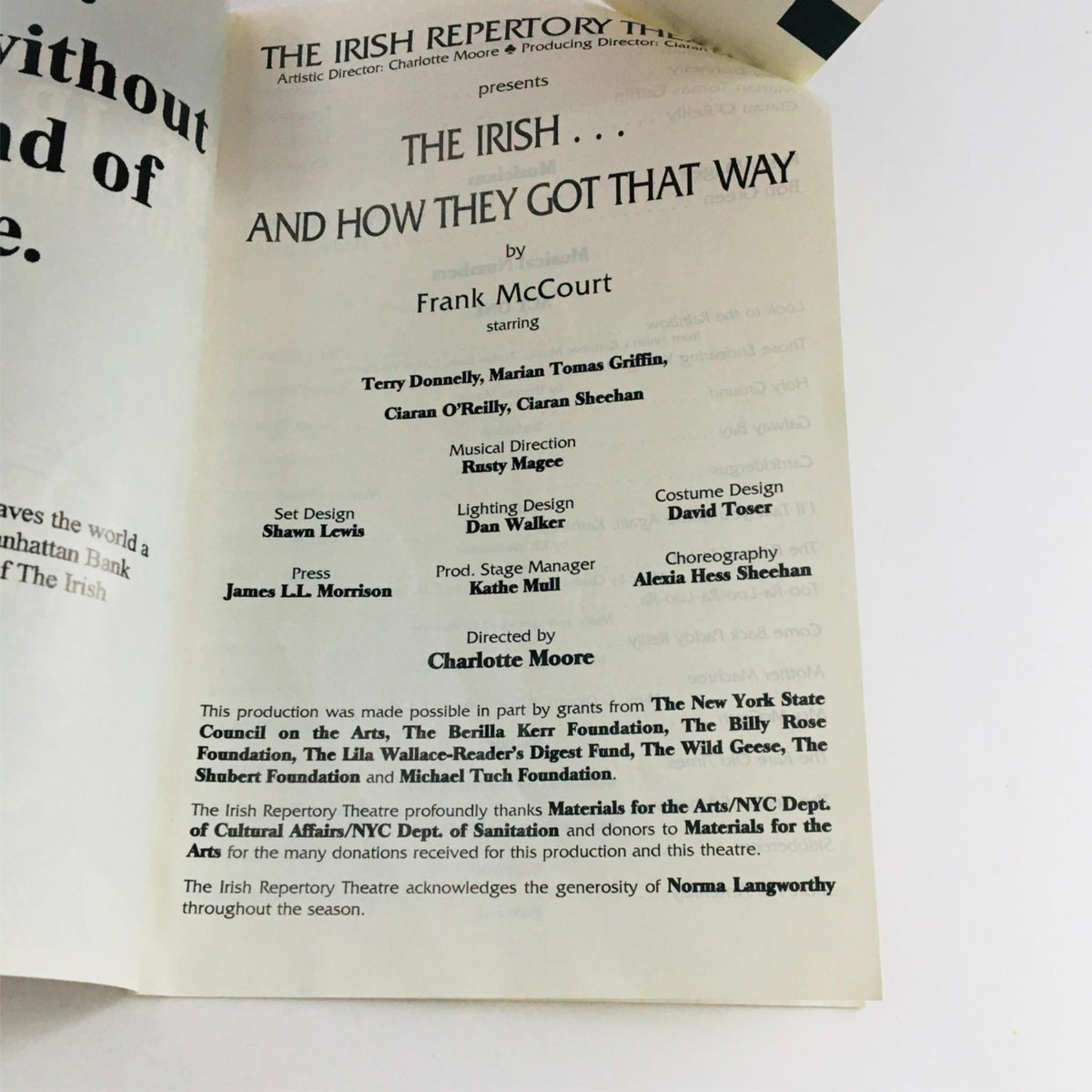 1997 Playbill for The Irish And How They Got Away, featuring artistic credits including Frank McCourt and Charlotte Moore, showcasing a theatrical heritage piece.
