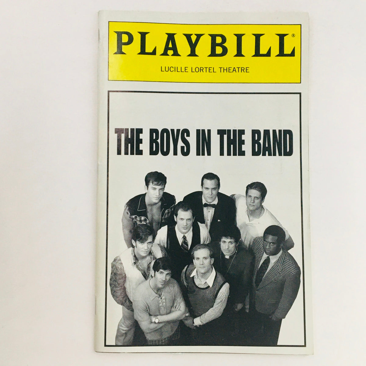 1996 Playbill for The Boys In The Band by Mart Crowley featuring the cast at Lucille Lortel Theatre, showcasing a vintage black and white design.
