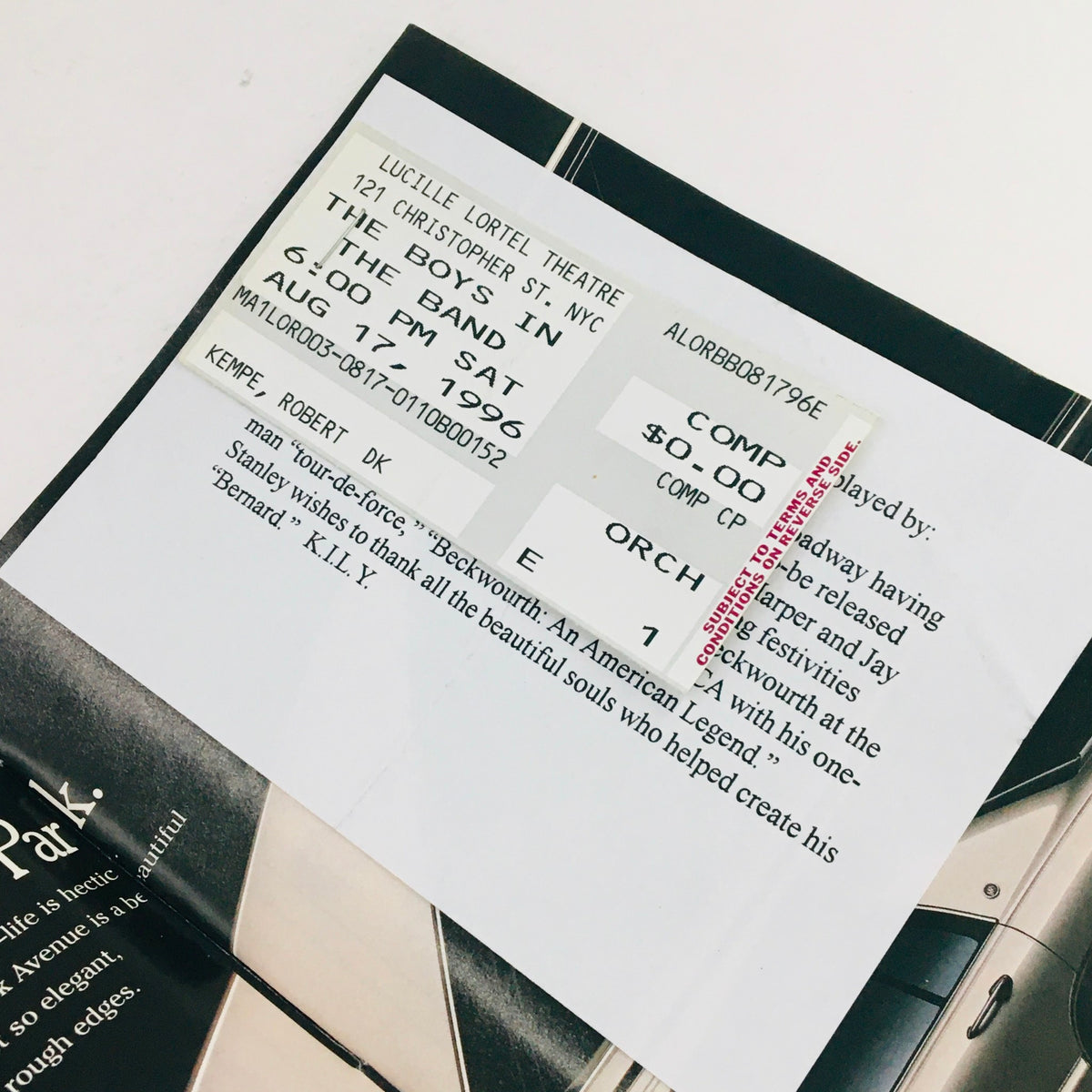 Original ticket stub for The Boys In The Band, dated August 17, 1996, at Lucille Lortel Theatre, highlighting the performance details.
