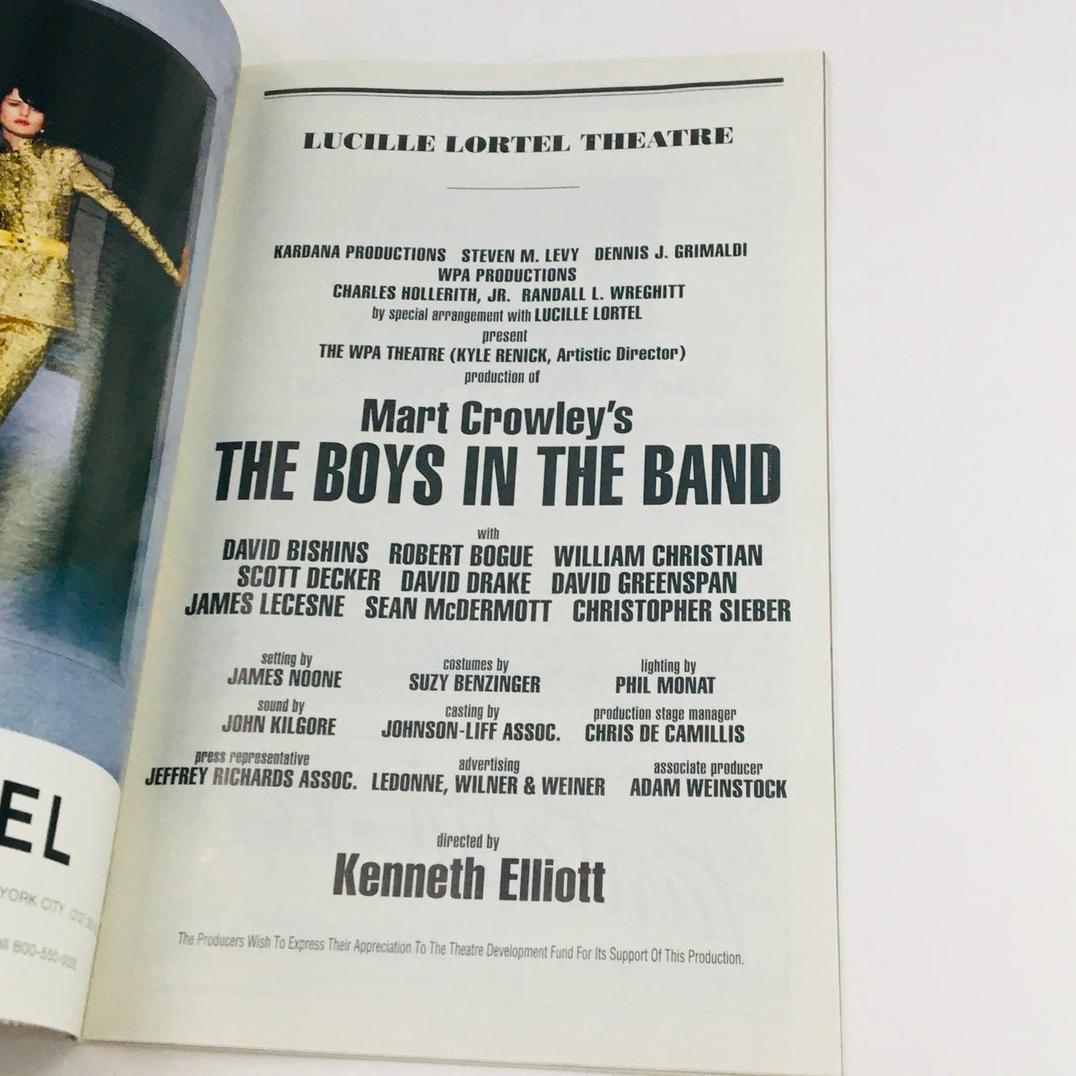 Casting and production details of The Boys In The Band included in the 1996 Playbill at Lucille Lortel Theatre, featuring the director and cast members.