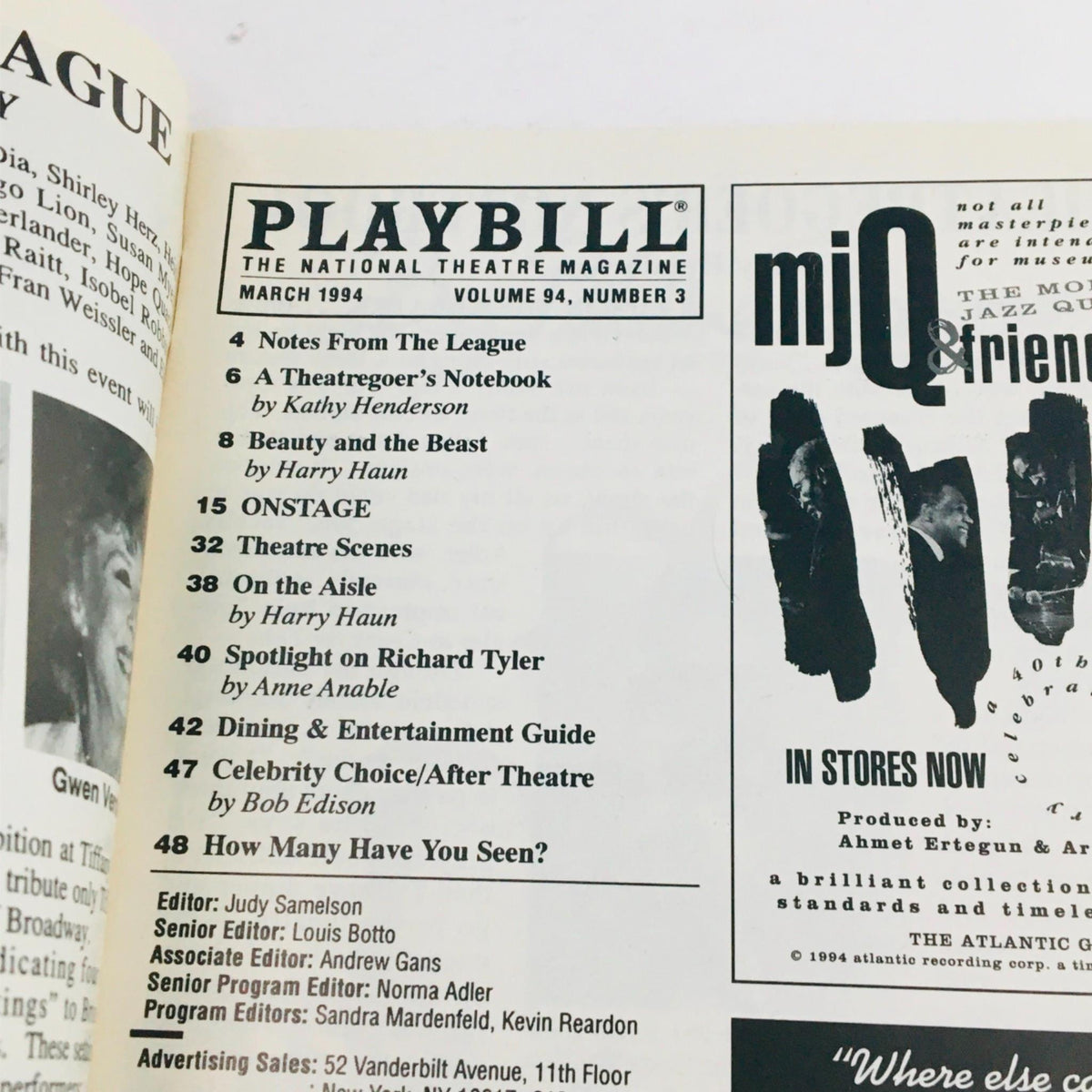 1994 Playbill for A Little More Magic by Diane Lynn Dupuy showing the contents and highlights from March 1994 National Theatre Magazine.