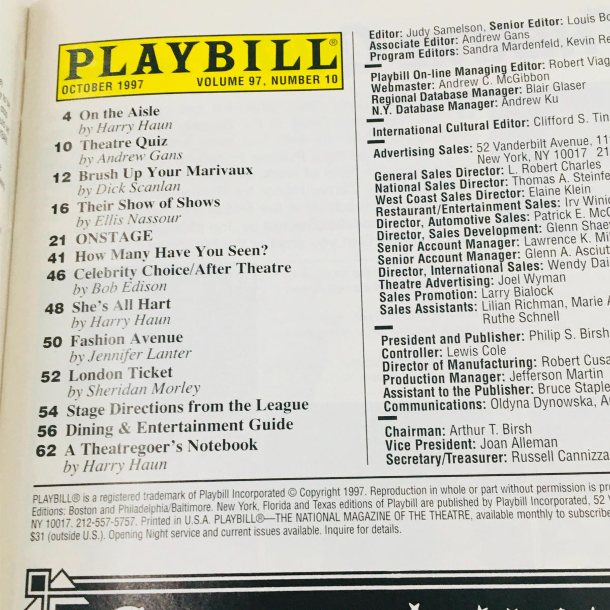 1997 Playbill for Side Show by Robert Longbottom, featuring contents including the On the Aisle section, advertisements, and articles related to the Broadway production.