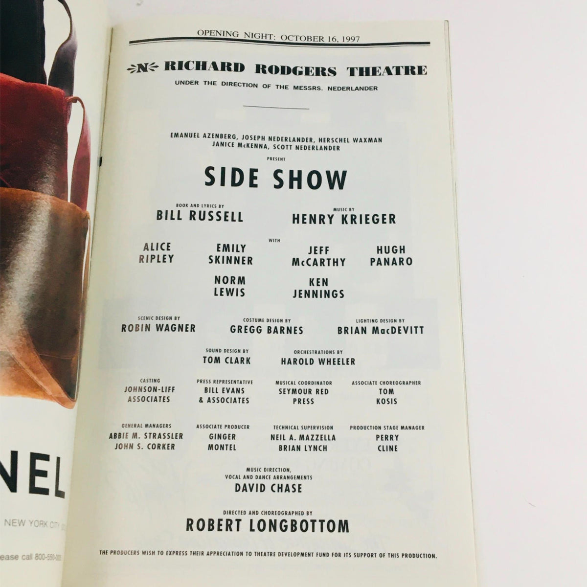 Inside page of the 1997 Playbill for Side Show at Richard Rogers Theatre, listing the cast, crew, and production details, including direction by Robert Longbottom.